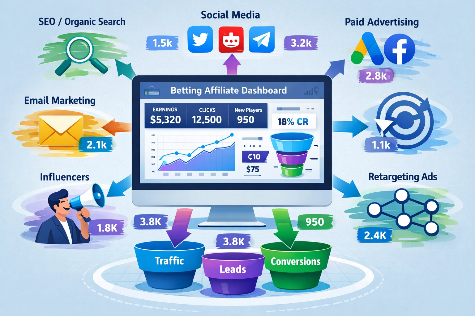 Multiple traffic channels flowing into betting affiliate dashboard