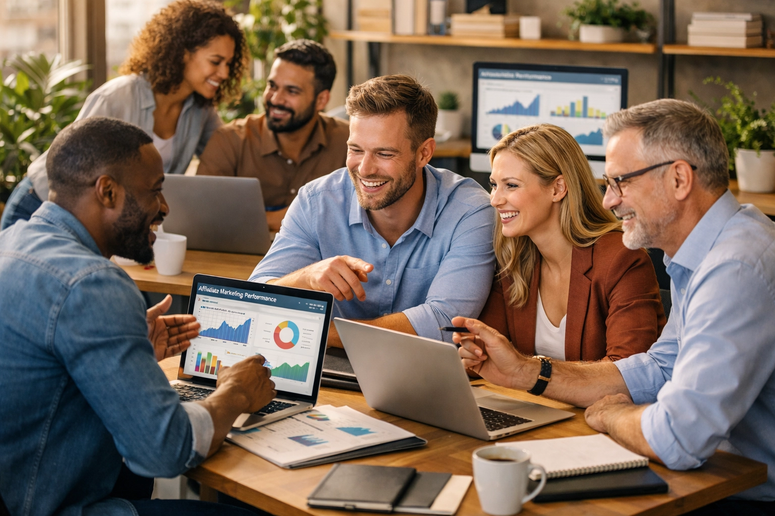 Profesjonalny zespół różnorodnych marketerów afiliacyjnych współpracujących w nowoczesnym biurze