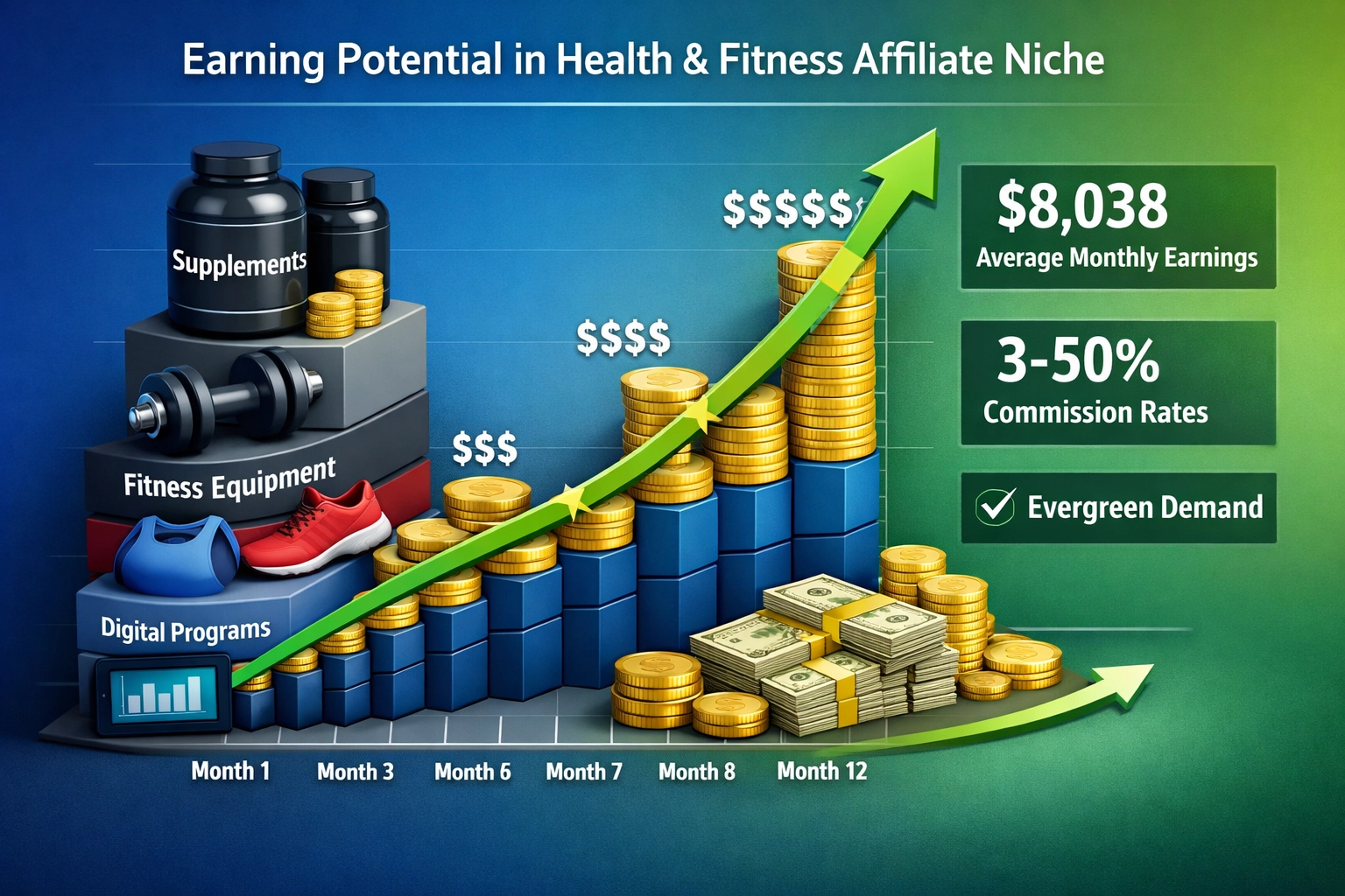 Affiliate marketing earnings growth visualization showing income potential and commission rates in health fitness niche