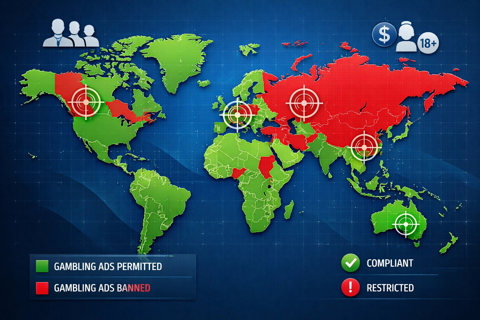 Wizualizacja mapy świata z przepisami dotyczącymi reklam hazardowych, strefami zgodności i wskaźnikami targetowania