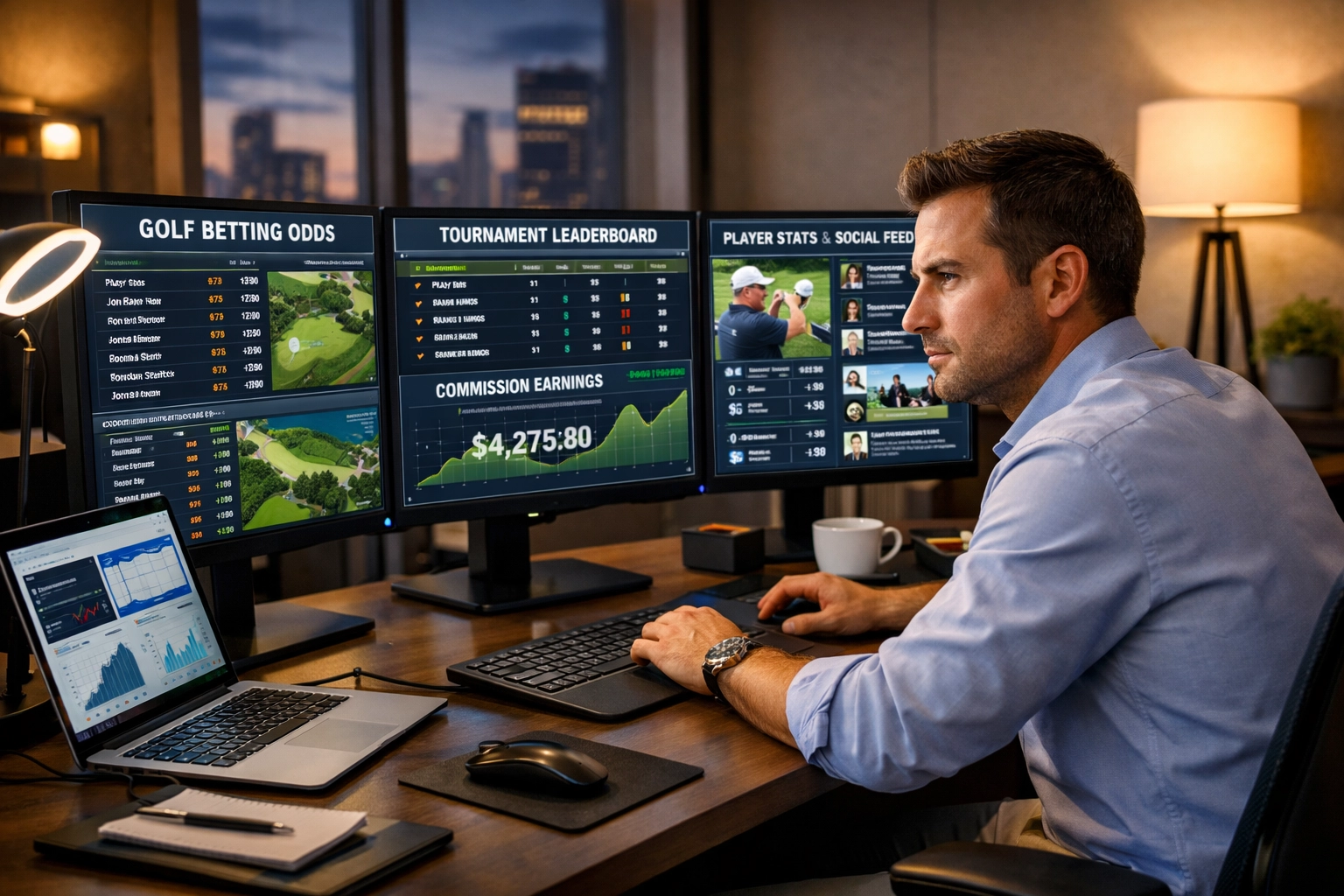 Affiliate marketer managing golf betting campaigns with multiple monitors
