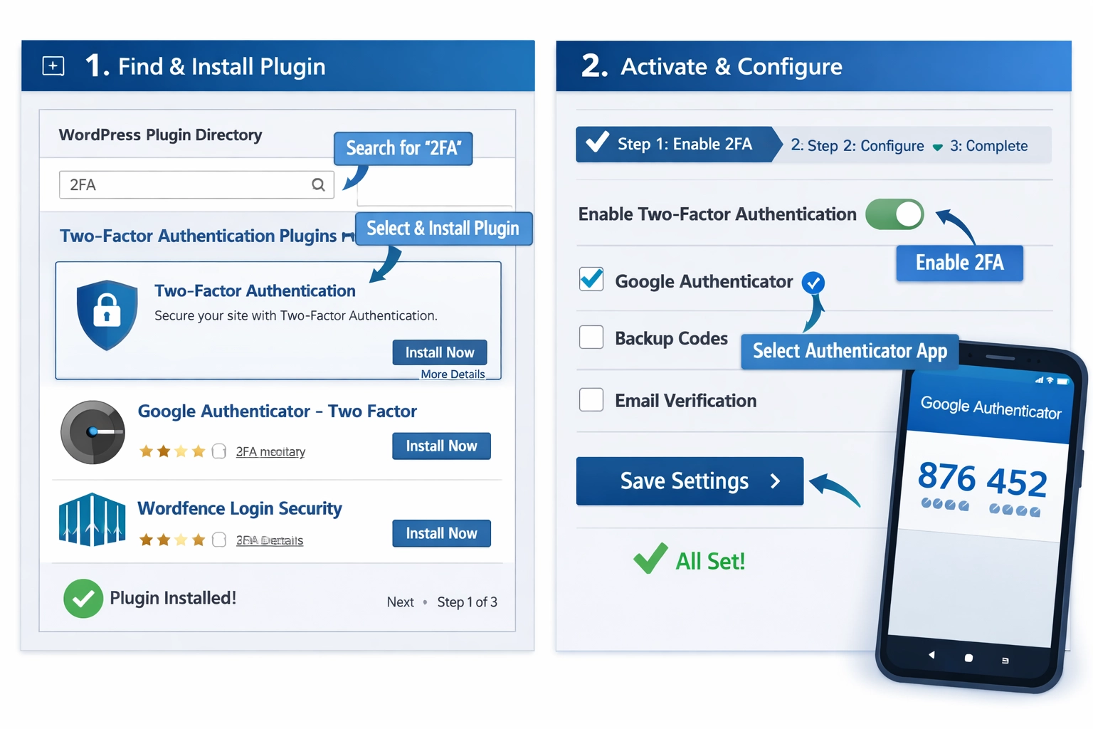 WordPress plugin installation and 2FA setup process