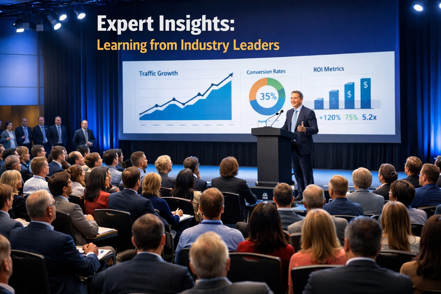 Profesjonalny prelegent podczas wystąpienia na konferencji marketingowej przed zaangażowaną publicznością