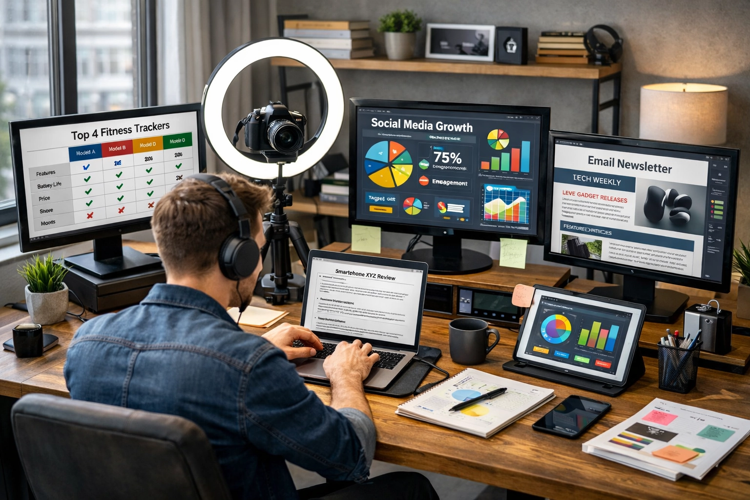 Twórca treści pracuje nad różnymi typami treści: recenzjami, porównaniami i poradnikami