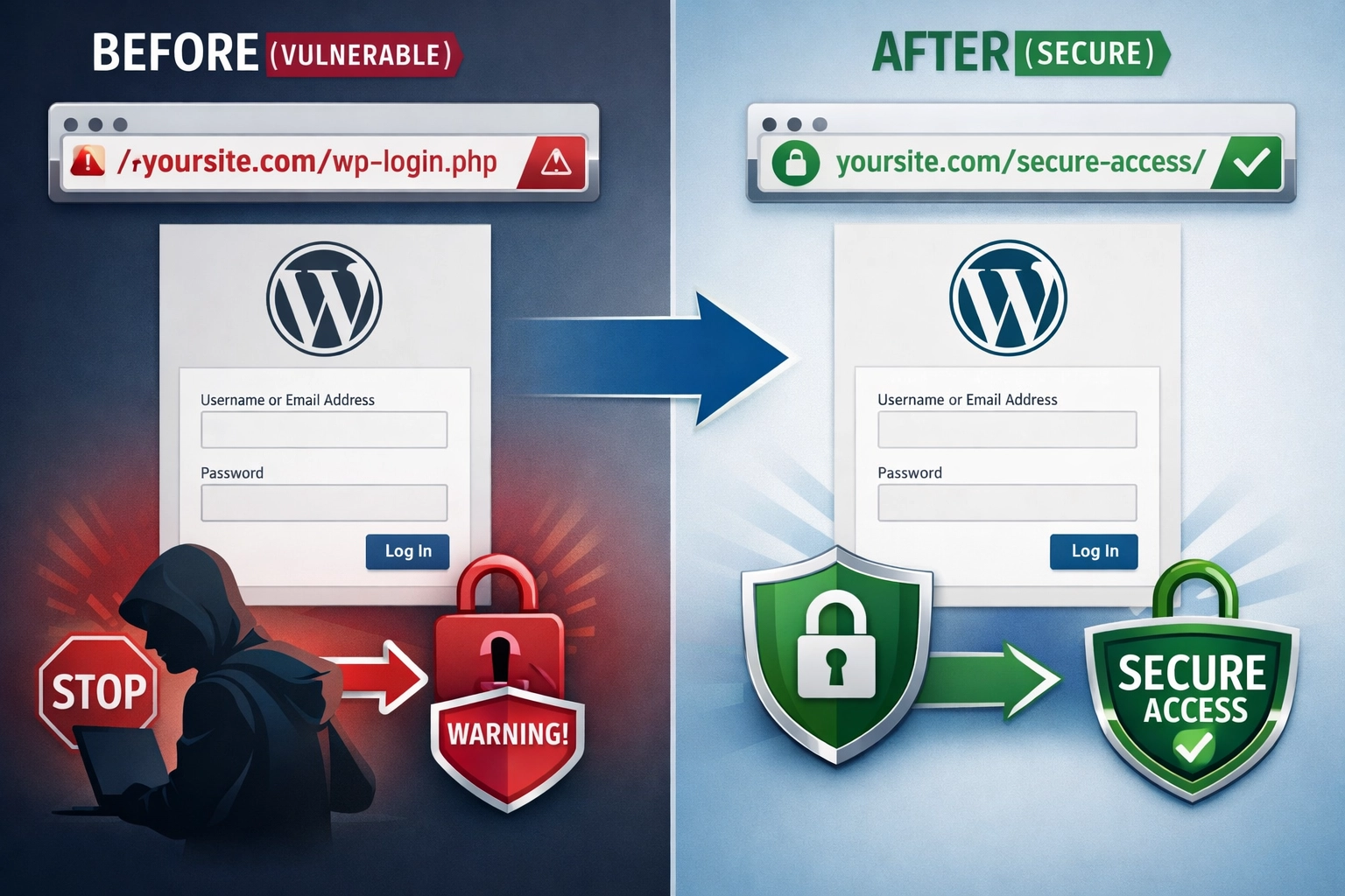 WordPress login URL change visualization before and after