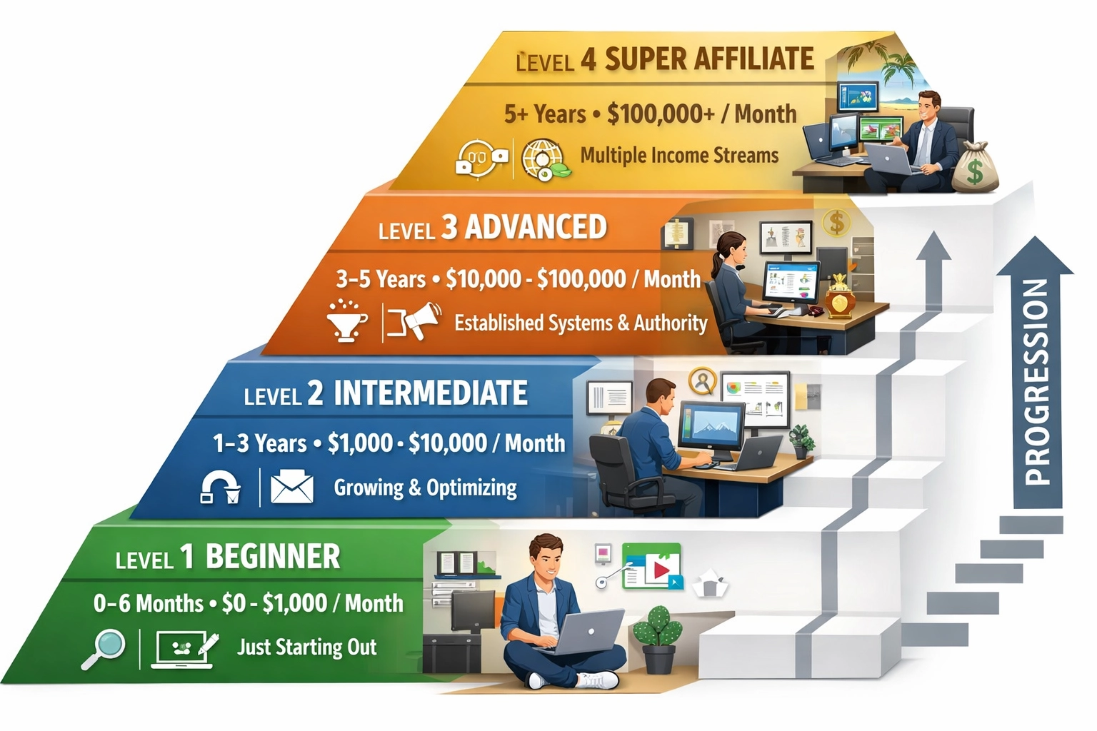 Affiliate marketing experience levels and earnings progression pyramid