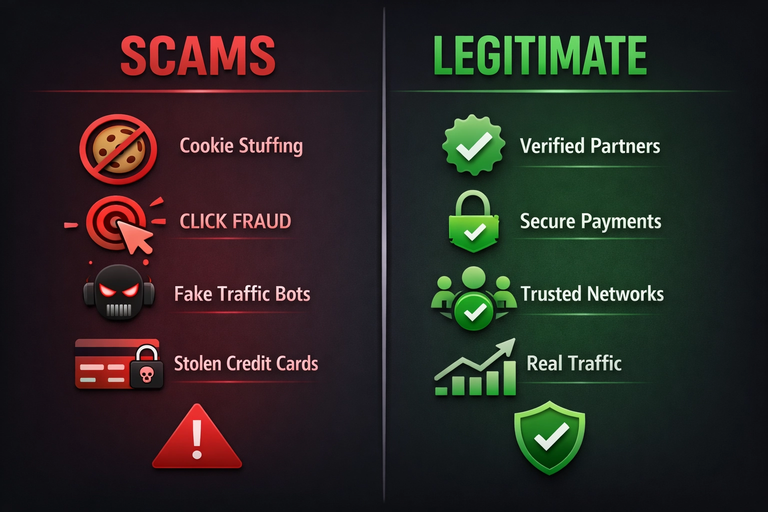 Infographic showing affiliate marketing scams vs legitimate programs with red warning signs and green checkmarks