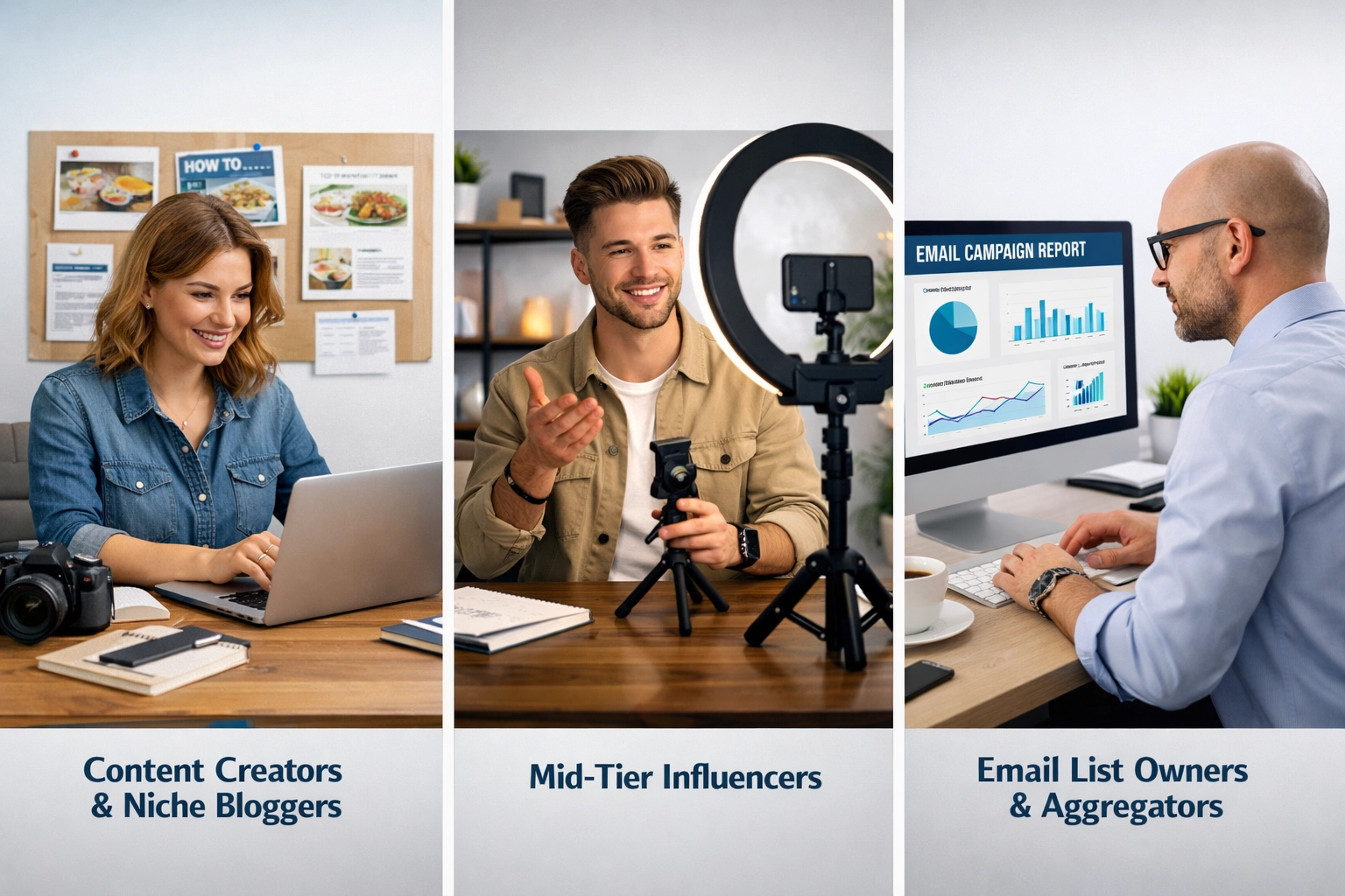 Trzy typy partnerów afiliacyjnych: bloger, influencer i marketer e-mailowy