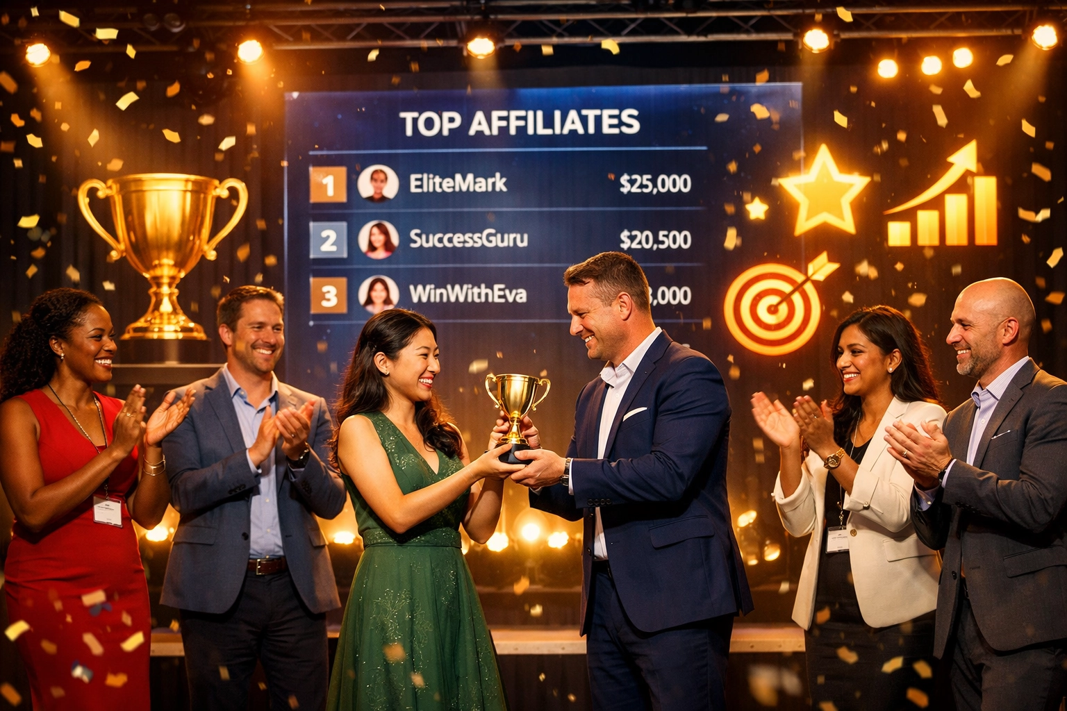 Wydarzenie uznaniowe dla partnerów afiliacyjnych – zróżnicowana grupa świętuje sukces