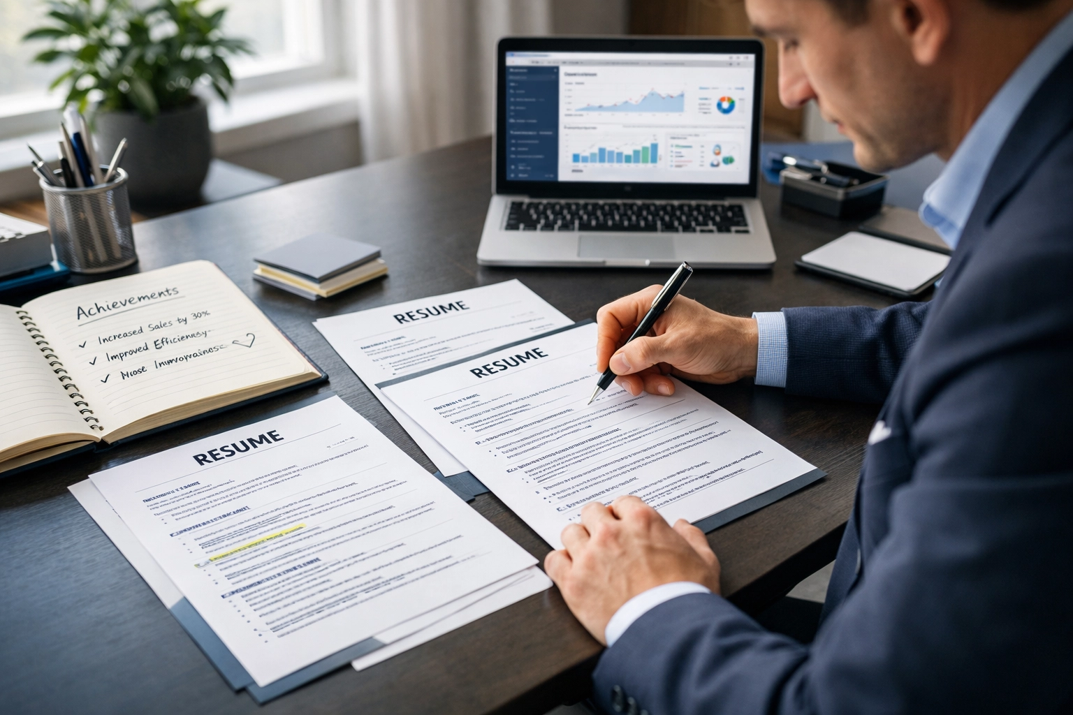Profesjonalista dokumentujący osiągnięcia i śledzący wskaźniki w CV