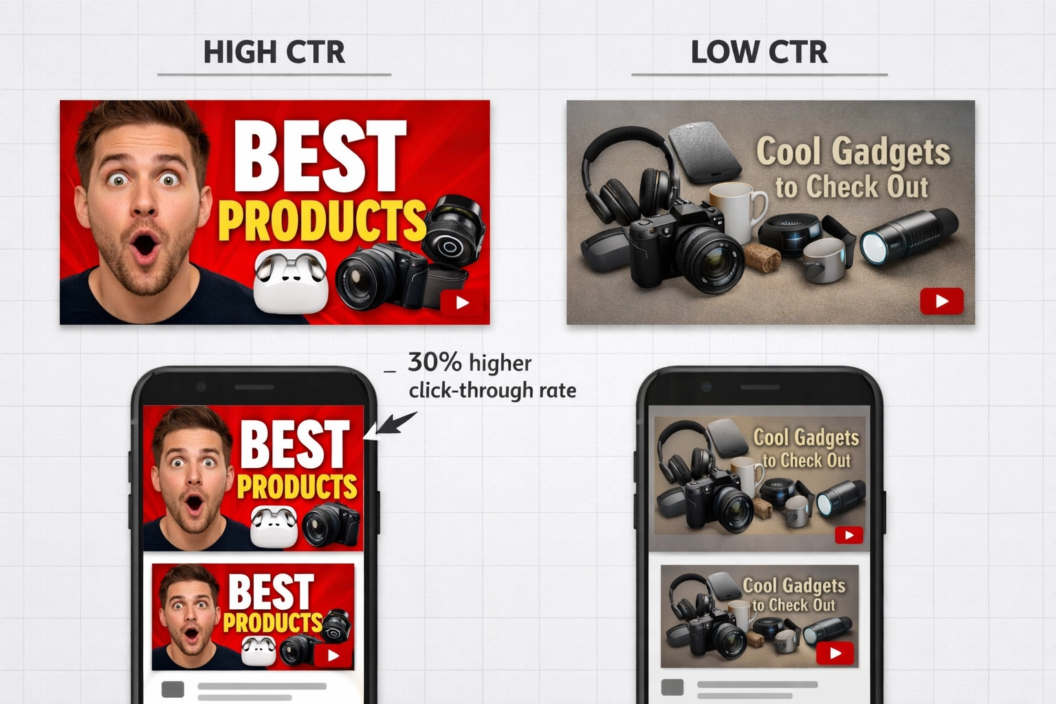 Porównanie miniatur filmów na YouTube o wysokiej i niskiej konwersji, prezentujące najlepsze praktyki projektowe