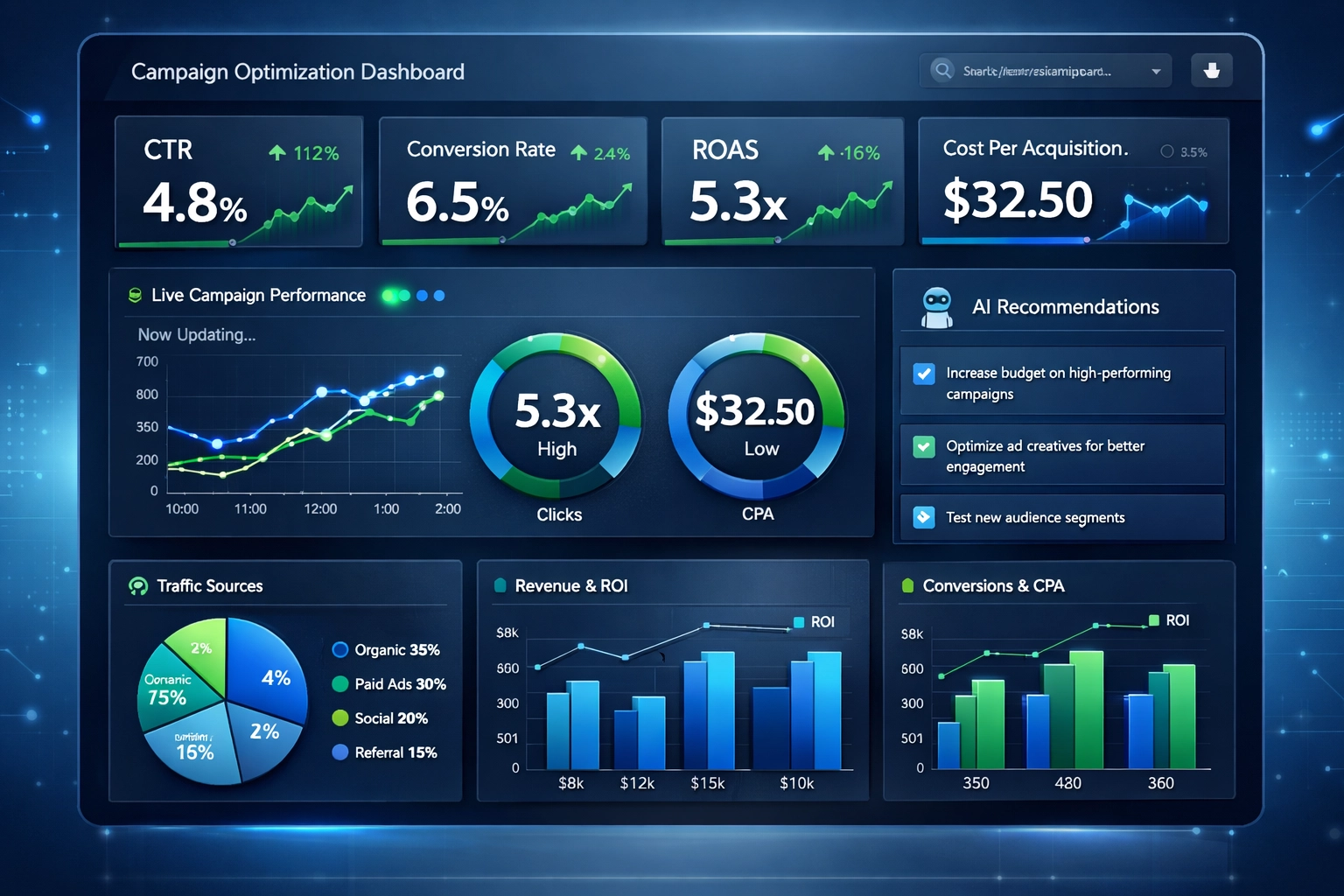 Real-time optimization dashboard with performance metrics and AI recommendations