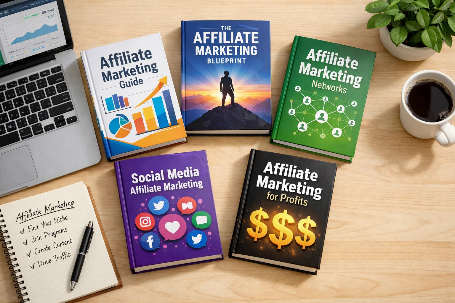 Stack of affiliate marketing books with charts and business diagrams