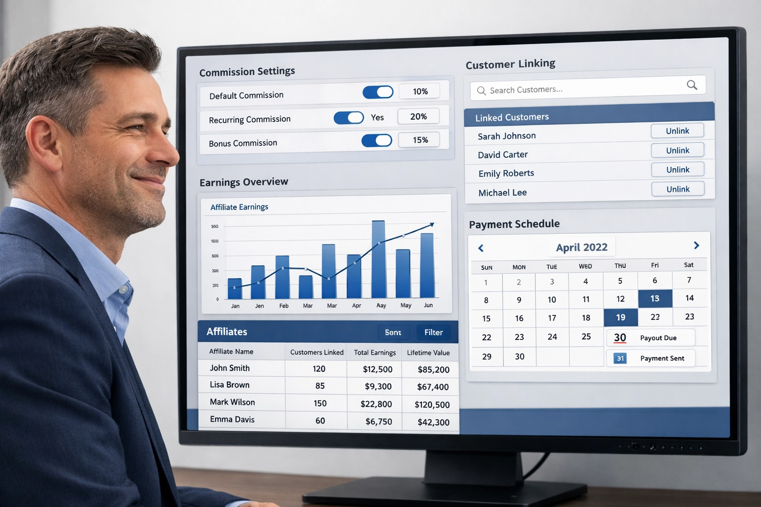 Panel zarządzania programem afiliacyjnym z ustawieniami prowizji i interfejsem powiązania klientów