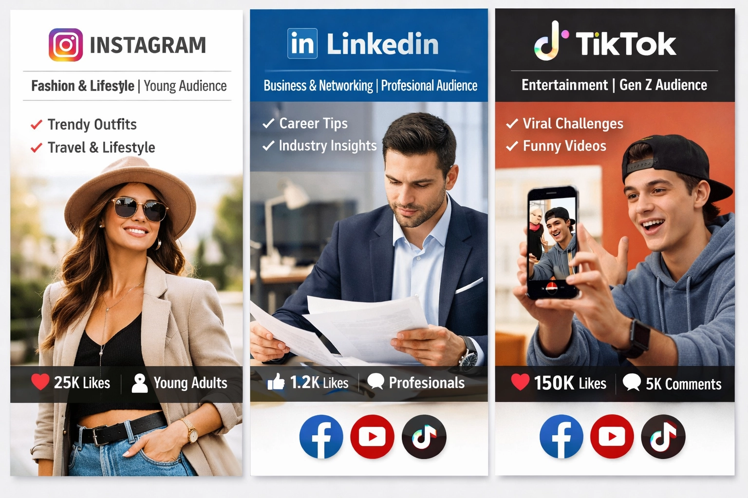 Multi-panel comparison of different social media platforms showing their ideal use cases and target audiences