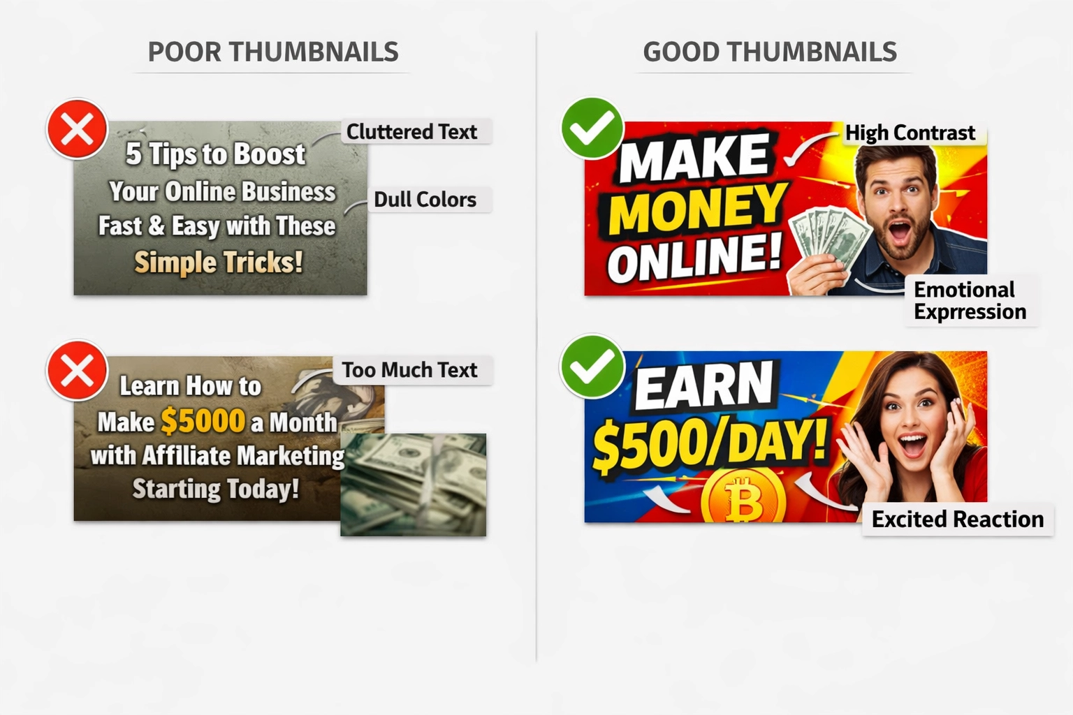 Porównanie projektów miniatur na YouTube: dobre vs złe przykłady z adnotacjami