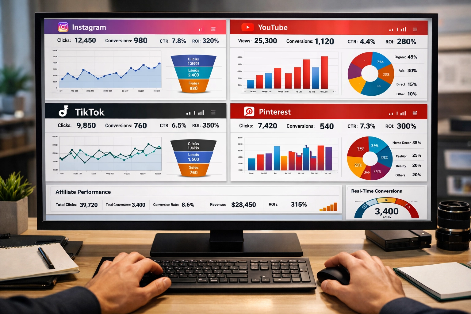 Dashboard showing multi-platform affiliate tracking and analytics