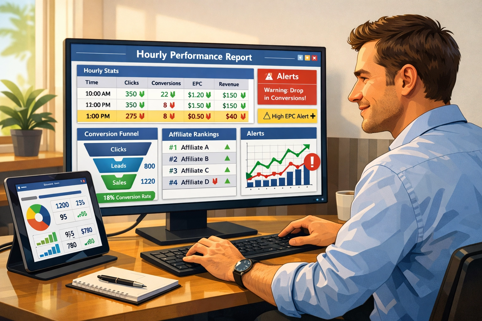 Affiliate manager analyzing hourly performance reports on computer dashboard