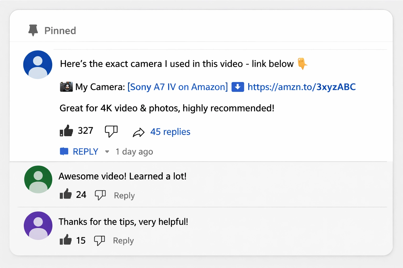 YouTube pinned comment showing well-formatted affiliate link recommendation