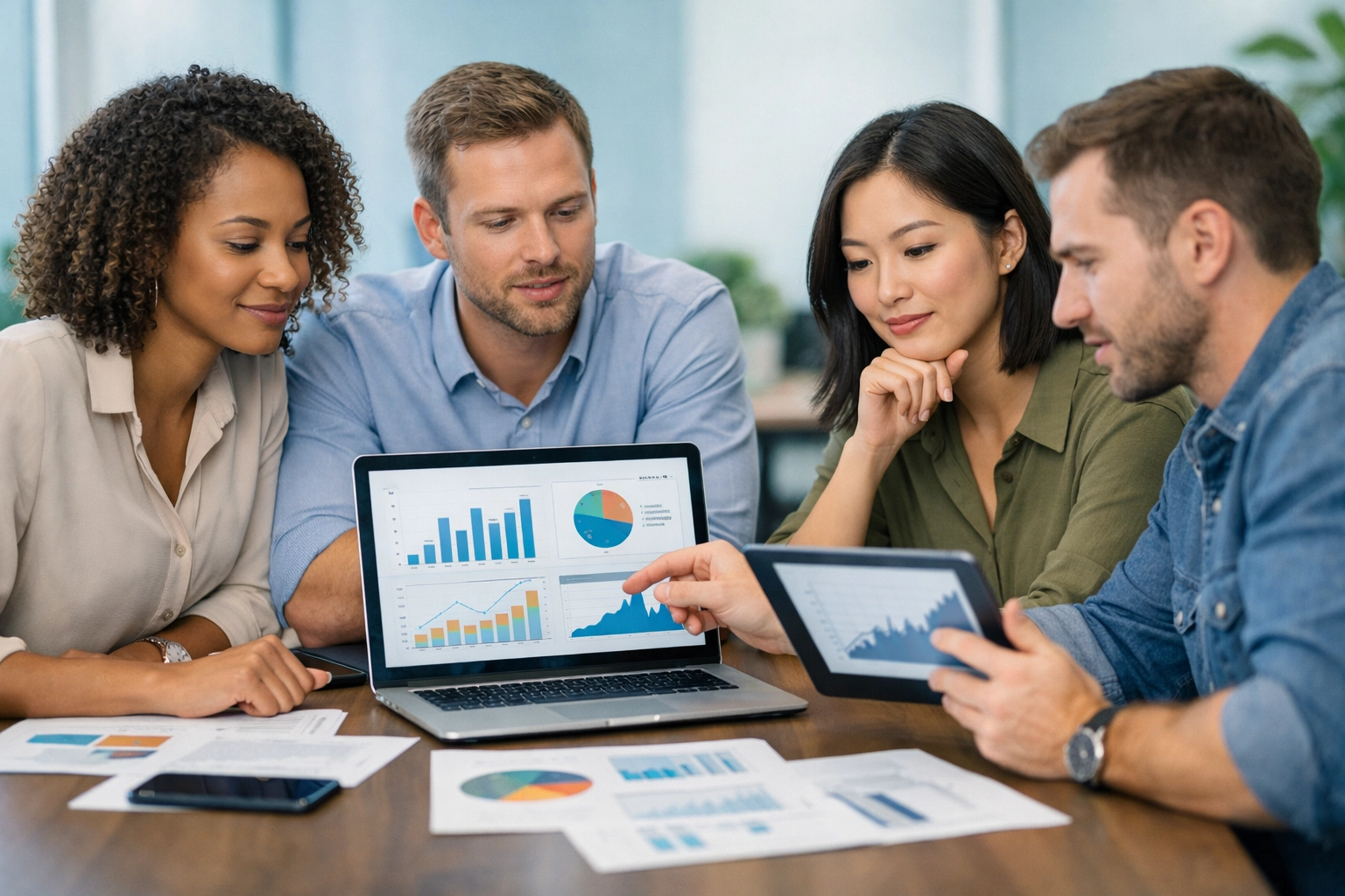 Profesjonalny zespół oceniający programy partnerskie na laptopach i tabletach