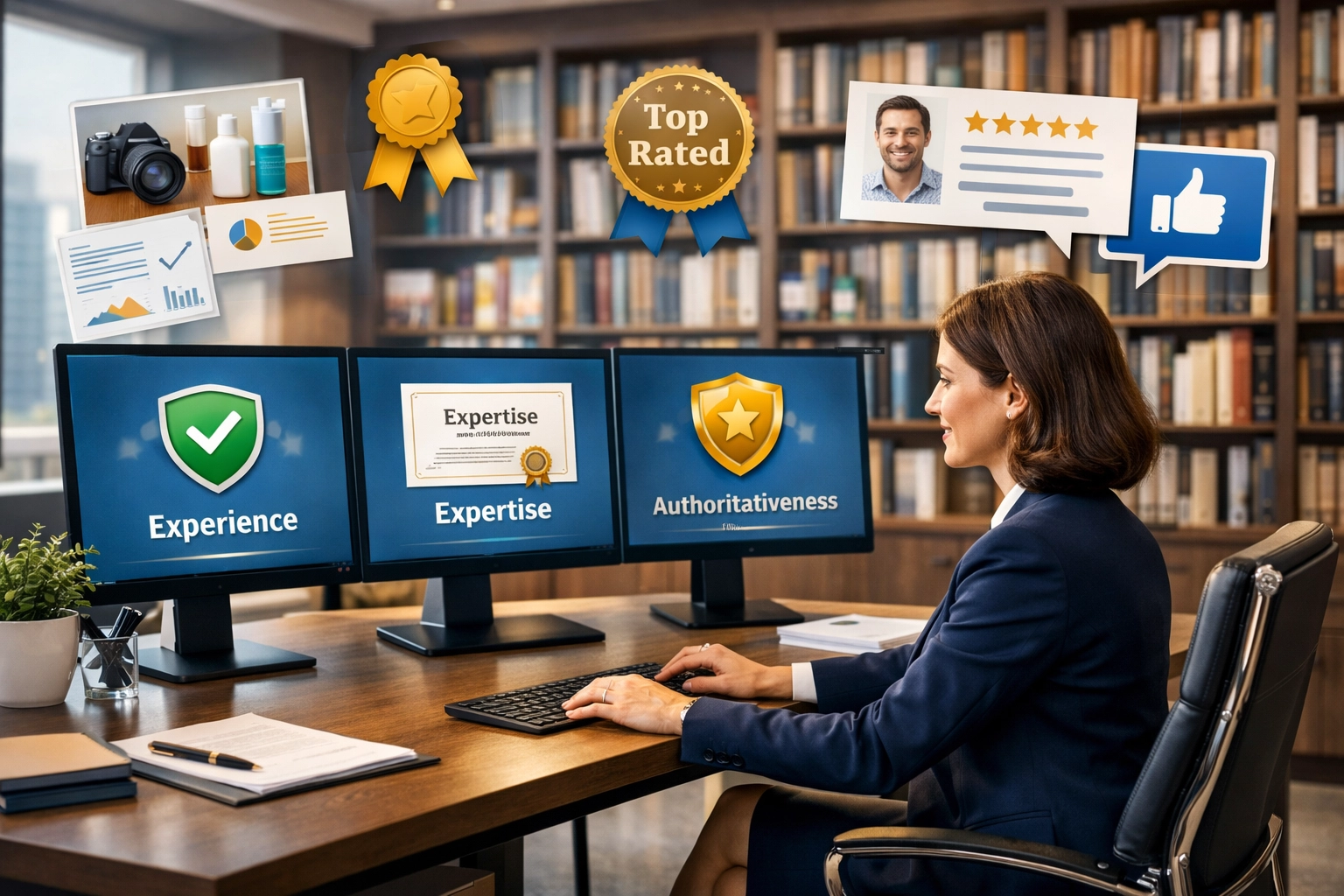 Wizualizacja jakości treści i zasad E-E-A-T, pokazująca ekspertyzę i wiarygodność