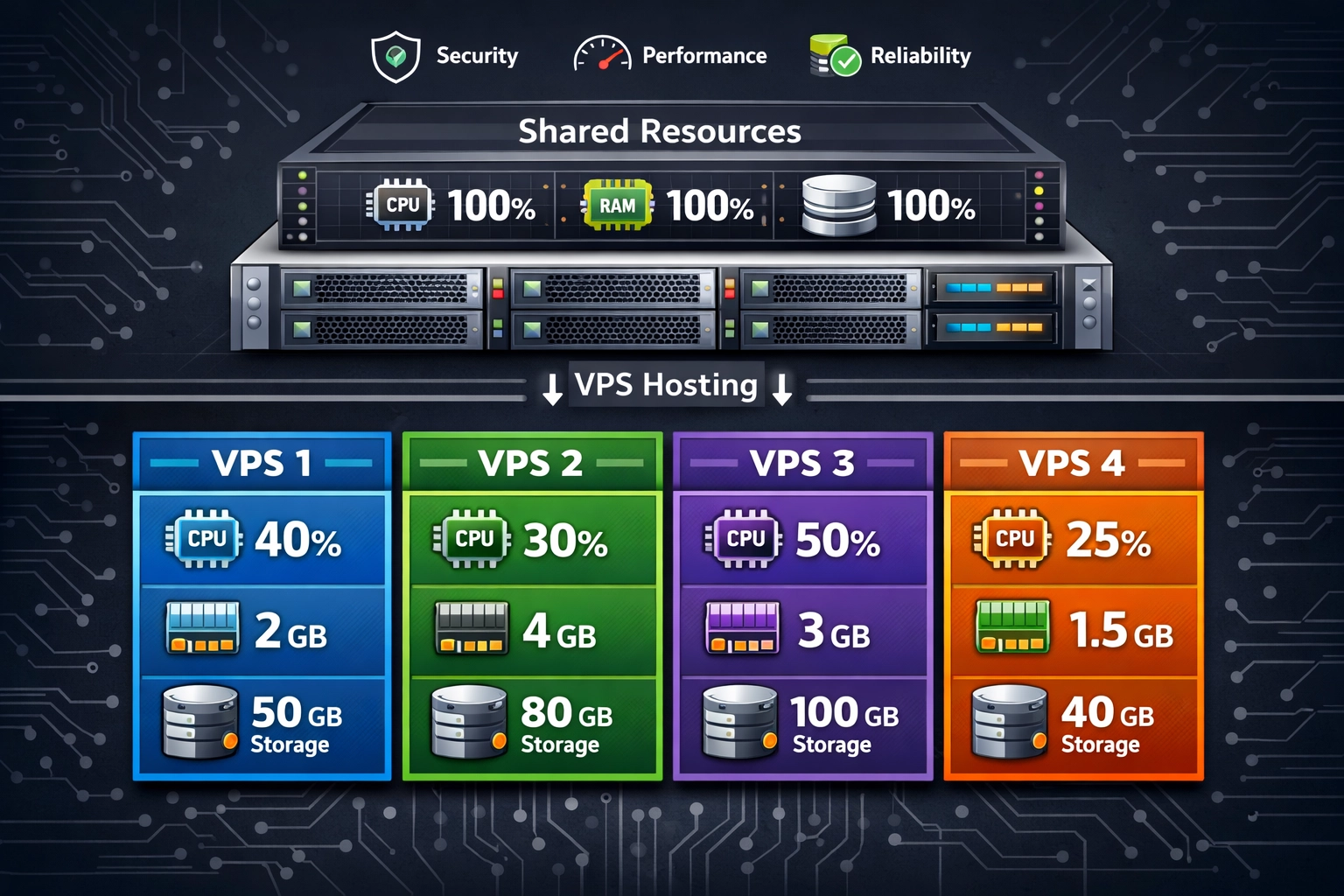 VPS hosting architecture showing isolated virtual servers with dedicated resources