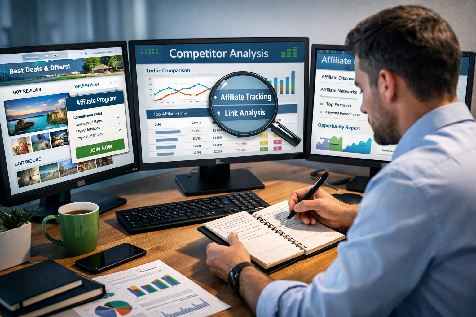 Digital research and competitor analysis showing professional analyzing competitor websites and affiliate links