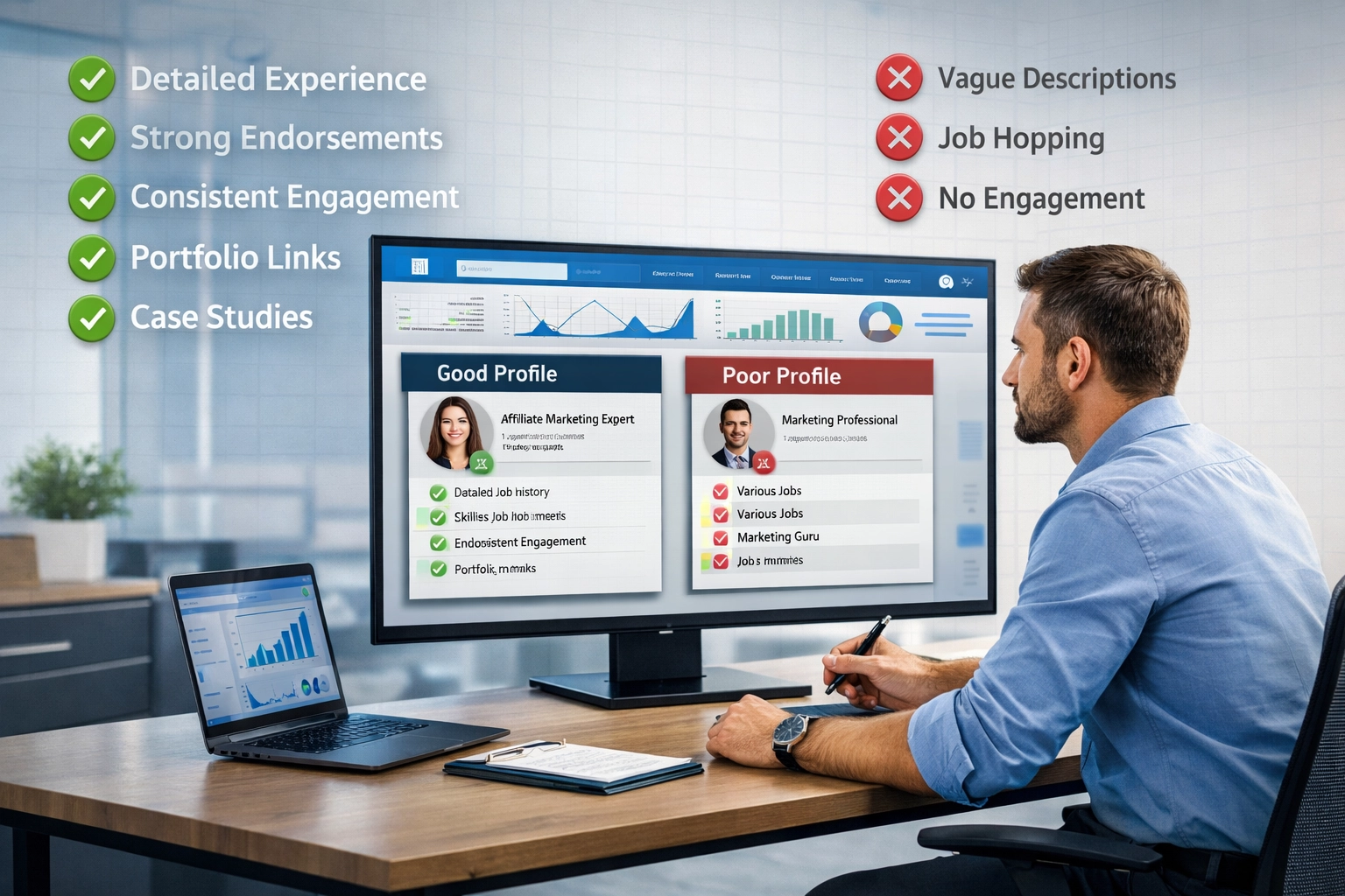 Profile analysis checklist visualization showing green flags and red flags for affiliate marketers