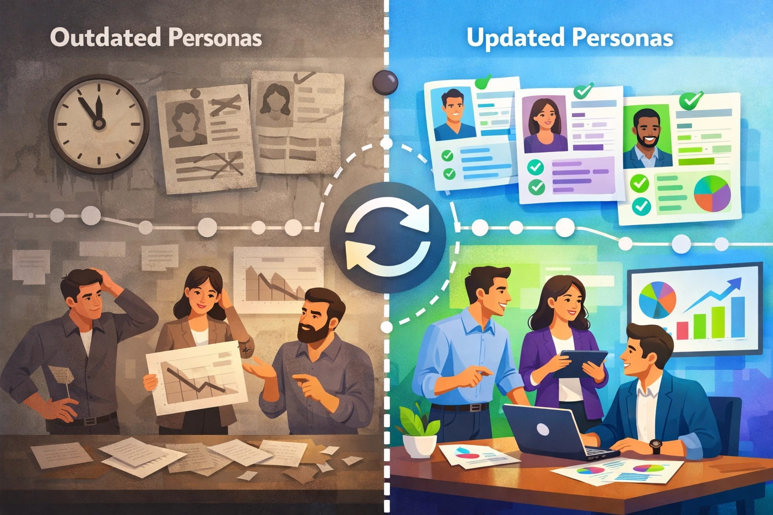 Porównanie zaktualizowanych i nieaktualnych person zakupowych pokazujące różnice w precyzji danych i zgodności biznesowej