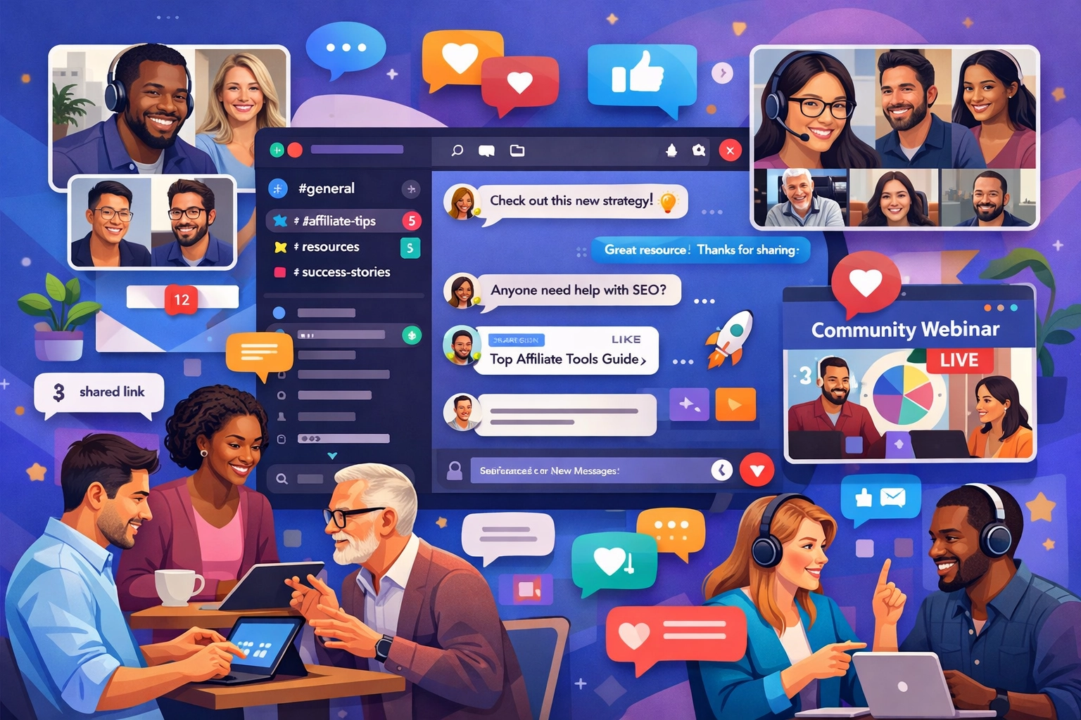 Vibrant online community and networking platform showing diverse professionals collaborating in digital spaces