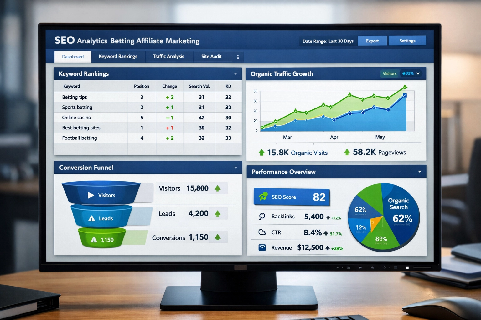 SEO analytics dashboard showing keyword rankings, traffic growth, and performance metrics for betting affiliate content