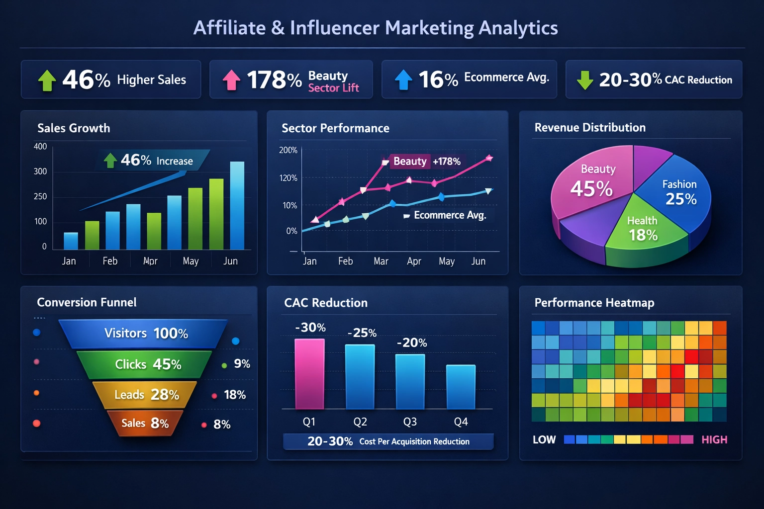 Dashboard wskaźników efektywności pokazujący 46% wyższą sprzedaż i analizę ROI