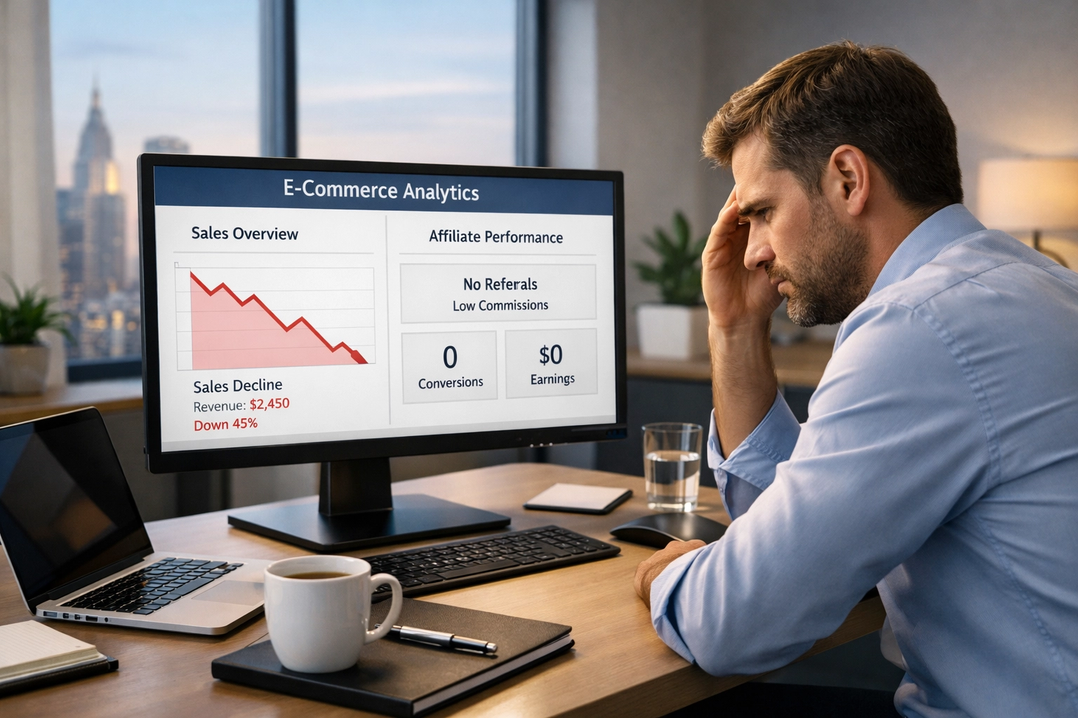 Sfrustrowany właściciel sklepu e-commerce analizuje niską aktywność afiliantów na pulpicie nawigacyjnym