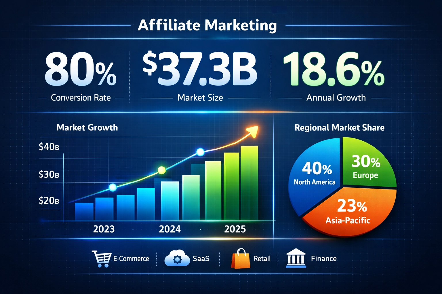 Affiliate marketing statistics dashboard showing market growth and regional distribution