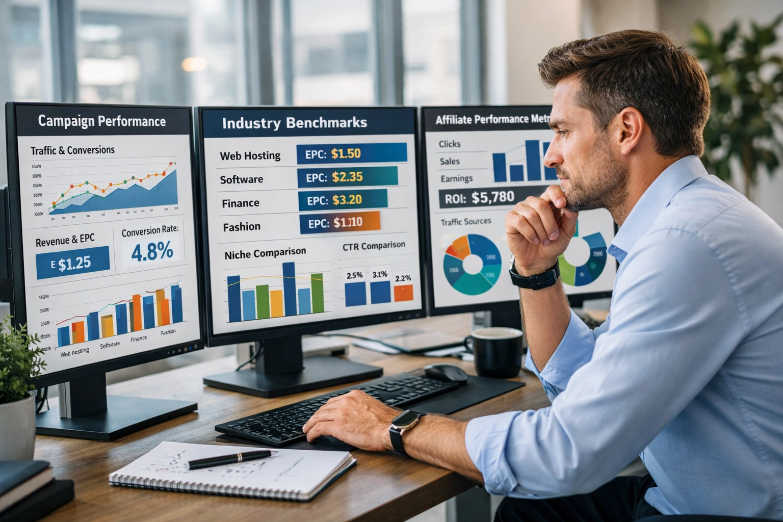 Affiliate marketer analyzing campaign performance data and industry benchmarks on computer monitors