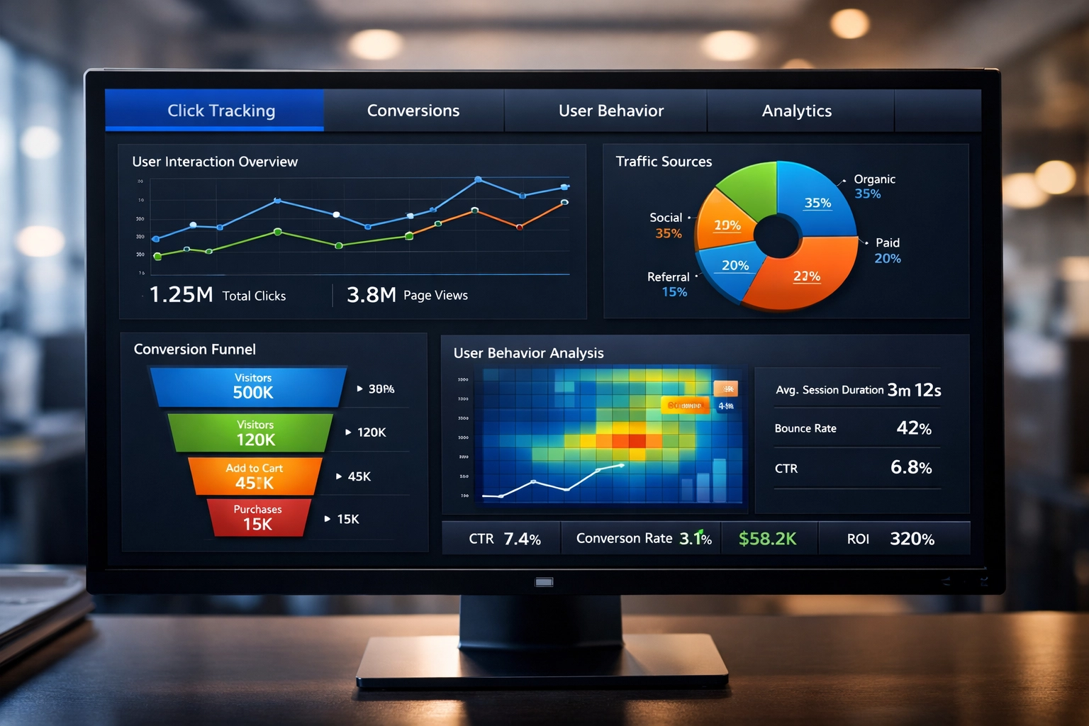 Panel analityki śledzenia kliknięć z metrykami konwersji