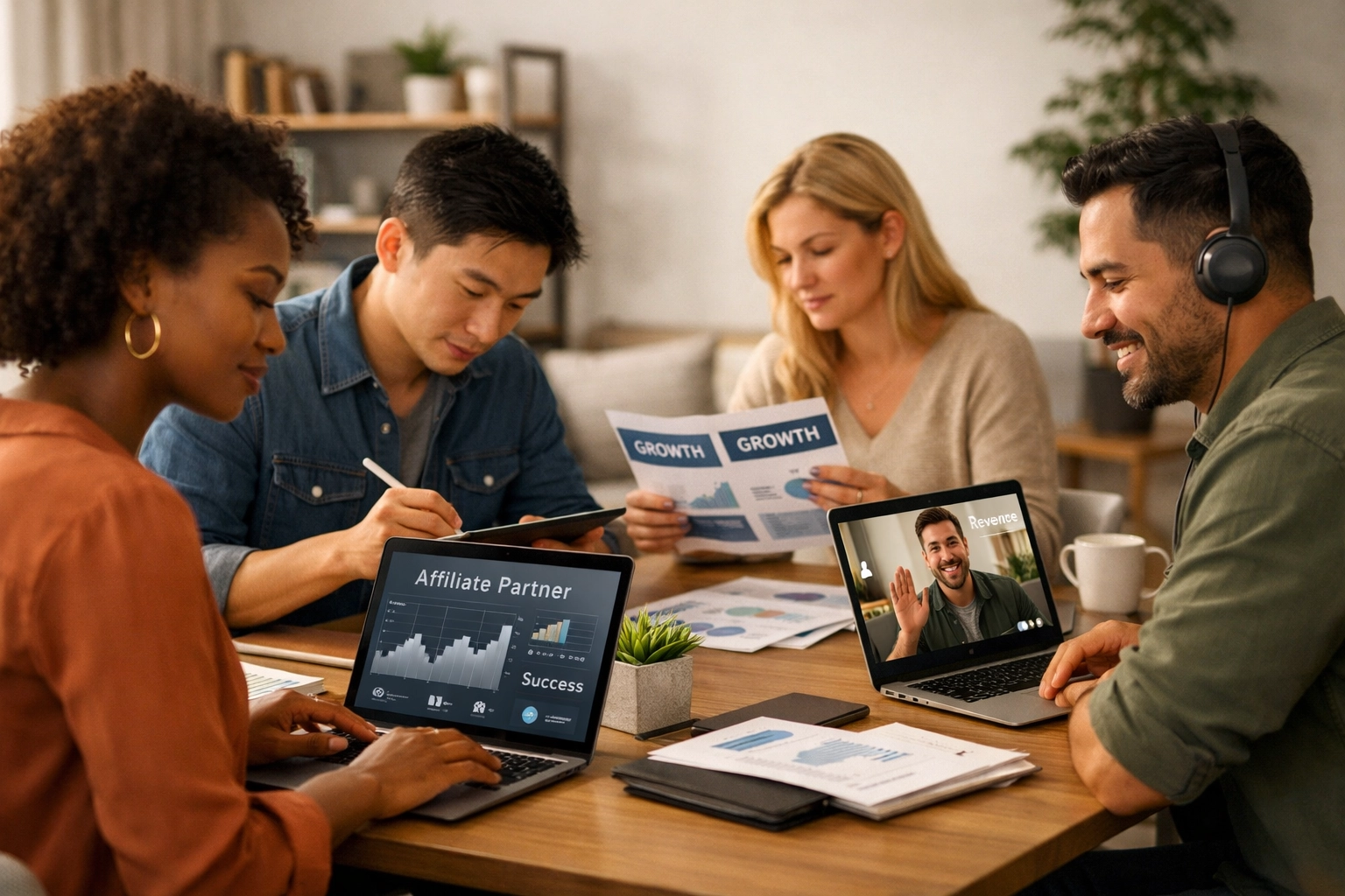 Różnorodni partnerzy afiliacyjni pracujący nad niezależnymi biznesami w nowoczesnej, współdzielonej przestrzeni