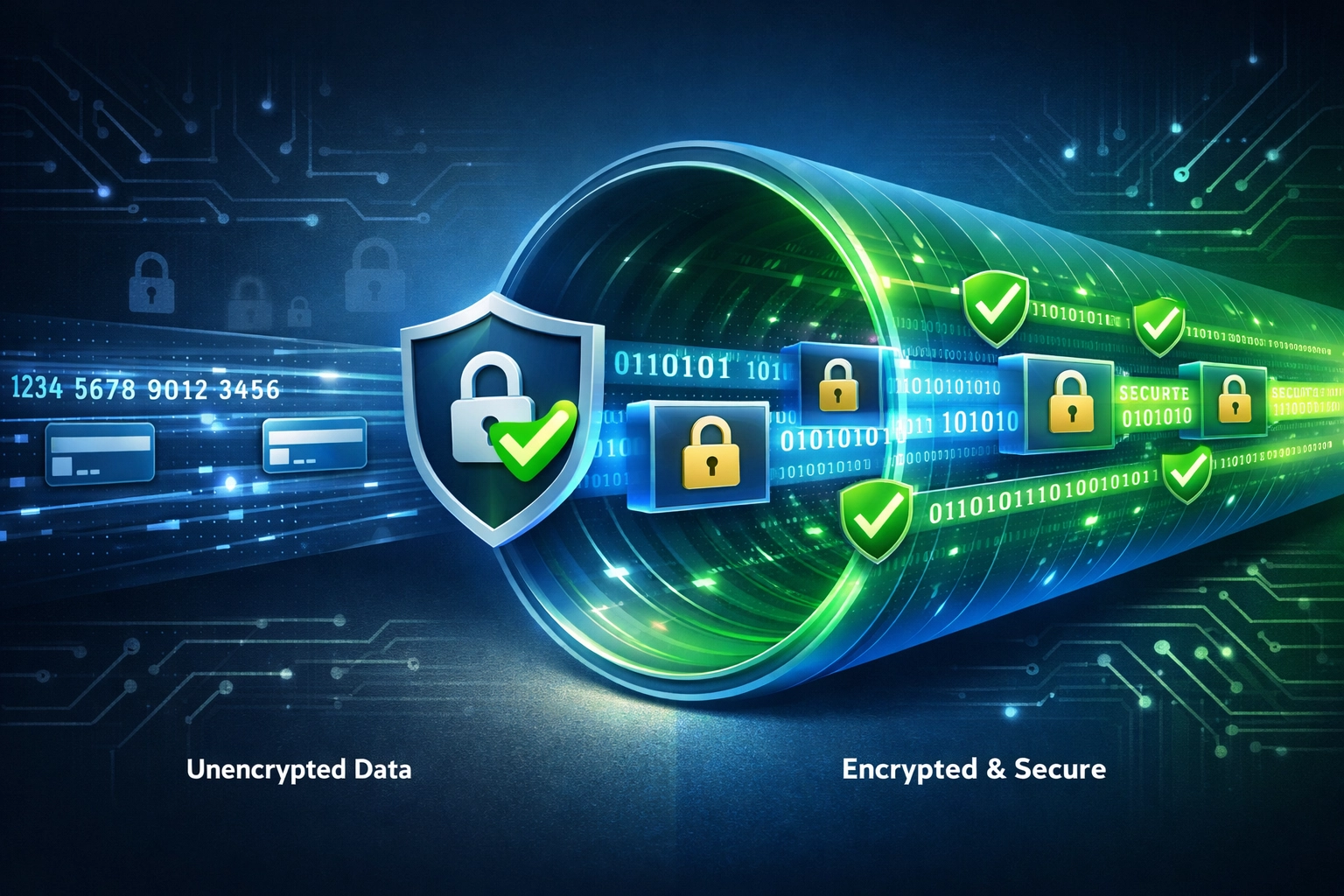 Wizualizacja bezpieczeństwa i szyfrowania płatności, pokazująca bezpieczną transmisję danych