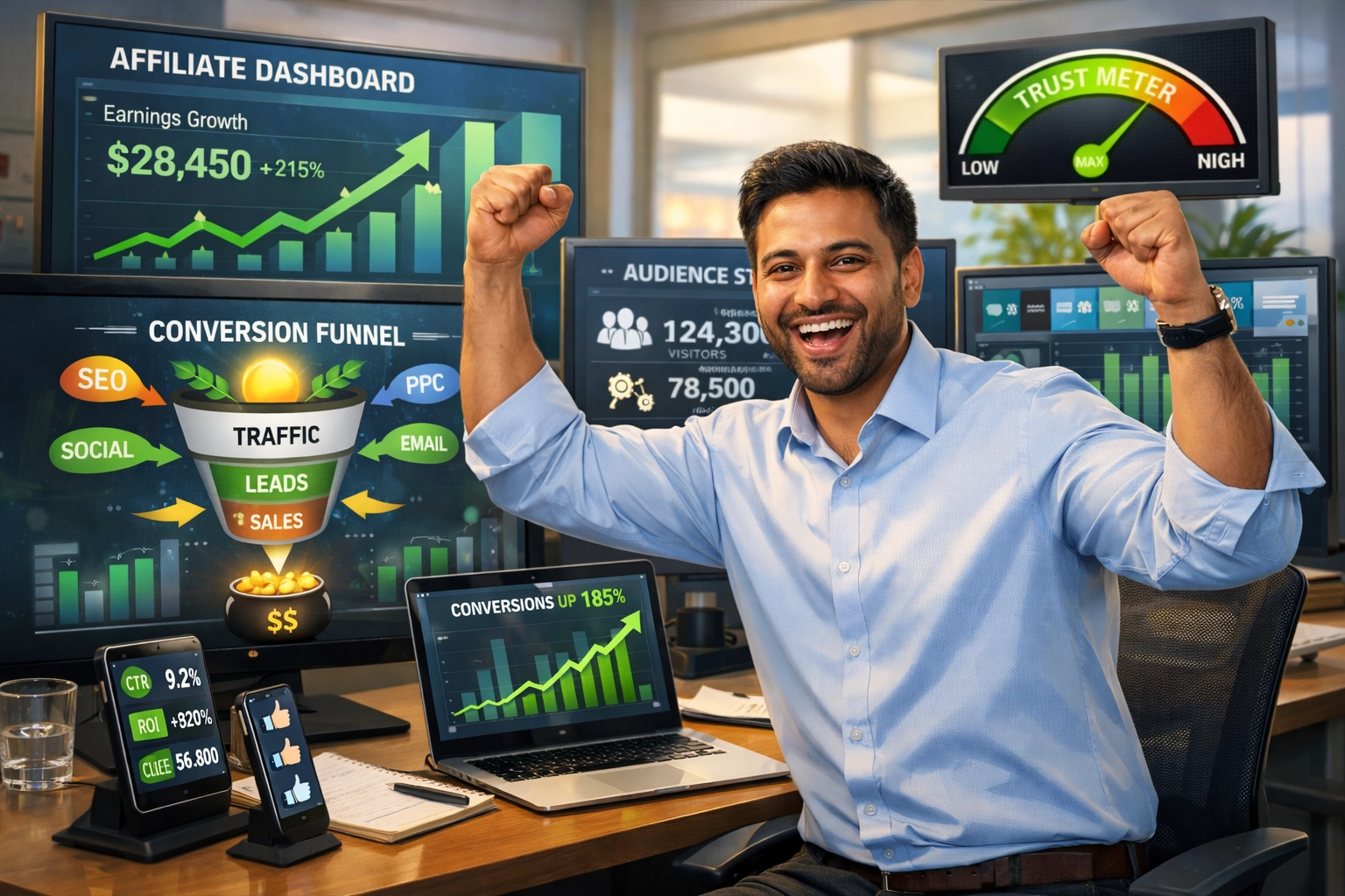 Skuteczny marketer afiliacyjny z rosnącym ruchem i wskaźnikami zaufania