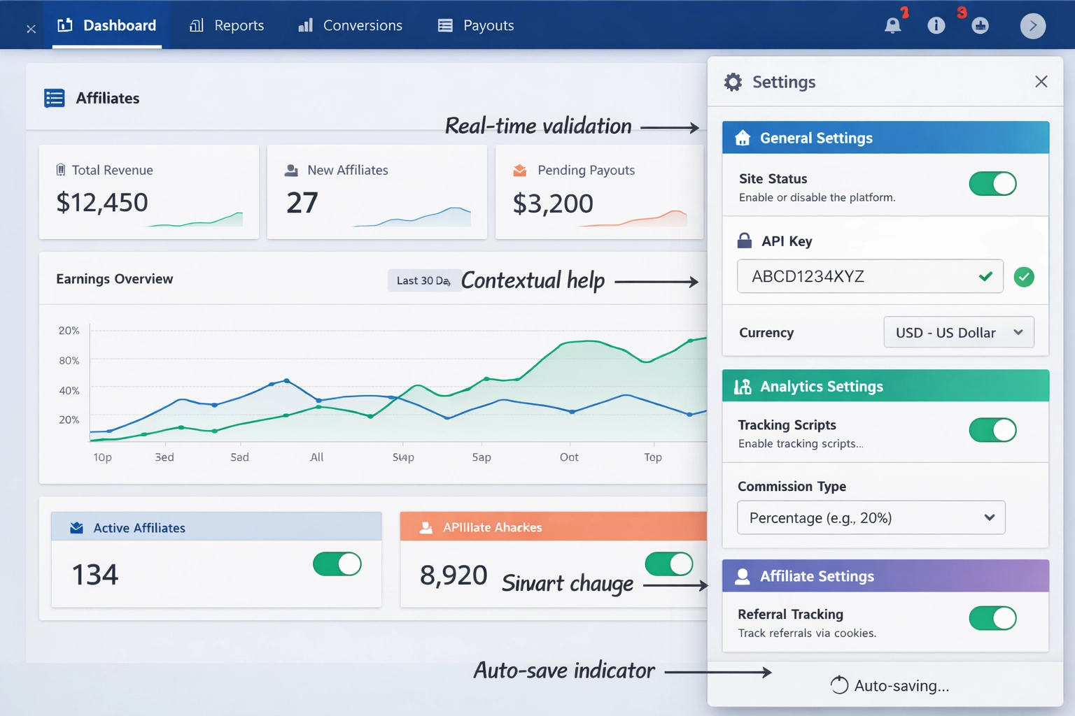 Nowoczesny panel ustawień na stronie z wbudowanymi kontrolkami i informacją zwrotną na żywo
