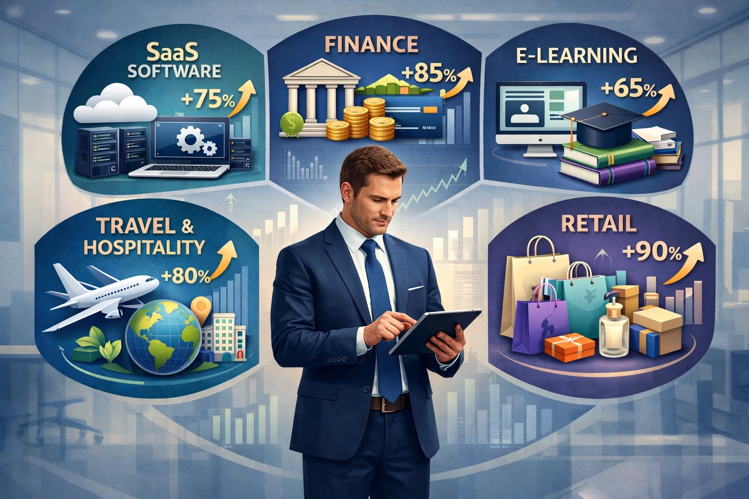 Różnorodne sektory biznesowe: SaaS, Finanse, E-learning, Turystyka, Zdrowie & Wellness z wskaźnikami wzrostu