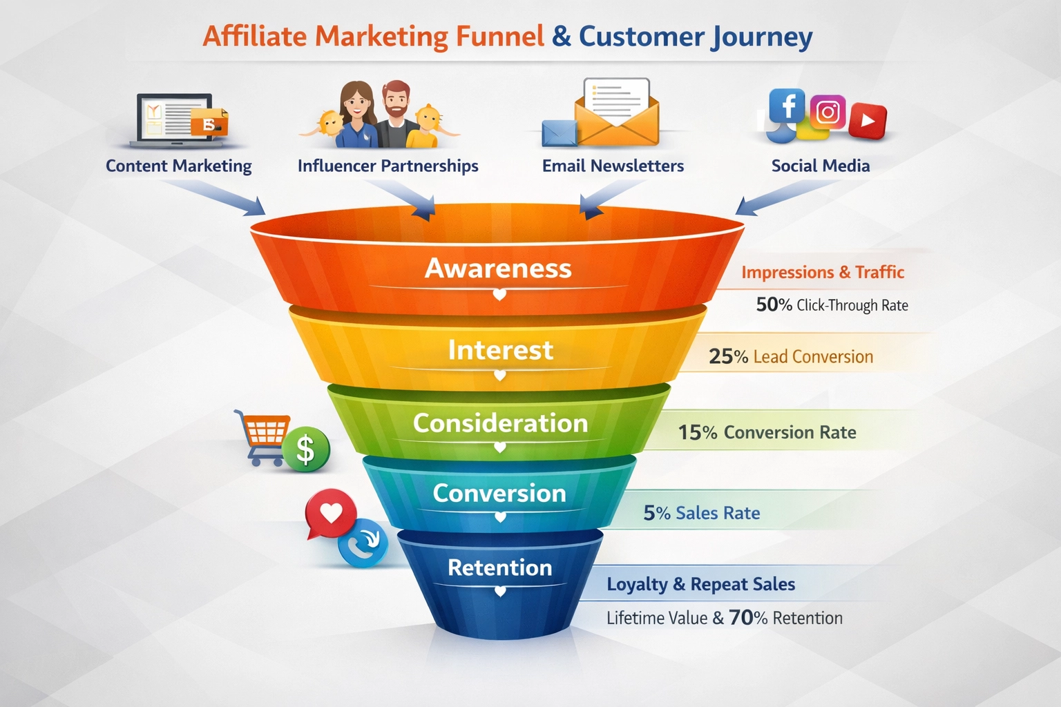 Affiliate marketing funnel showing customer journey from awareness to retention