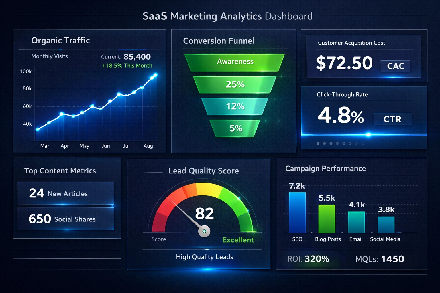 SaaS marketing analytics dashboard showing key performance metrics and content strategy data