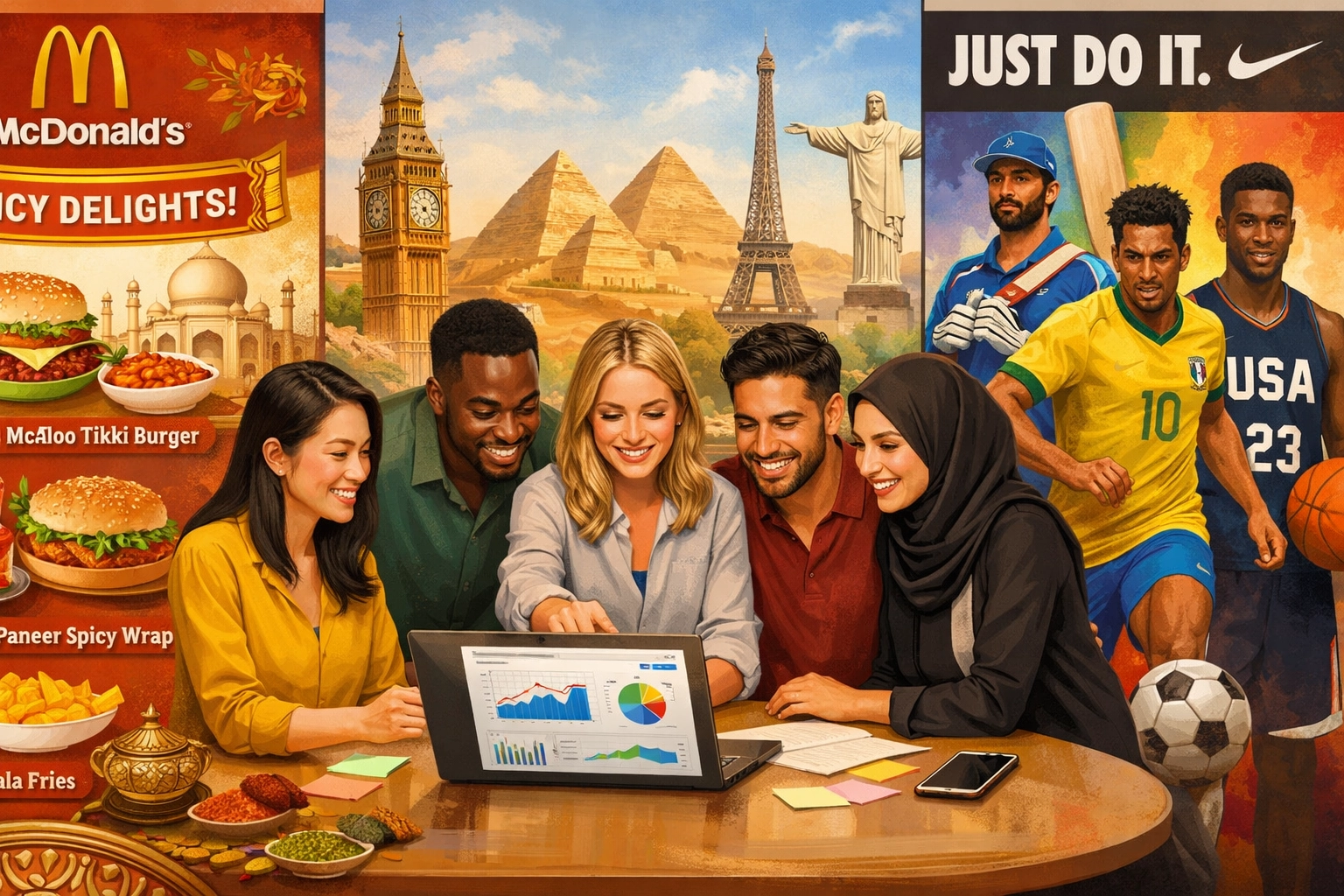 Kulturowo zróżnicowany zespół współpracujący nad lokalnymi strategiami marketingu afiliacyjnego w różnych regionach