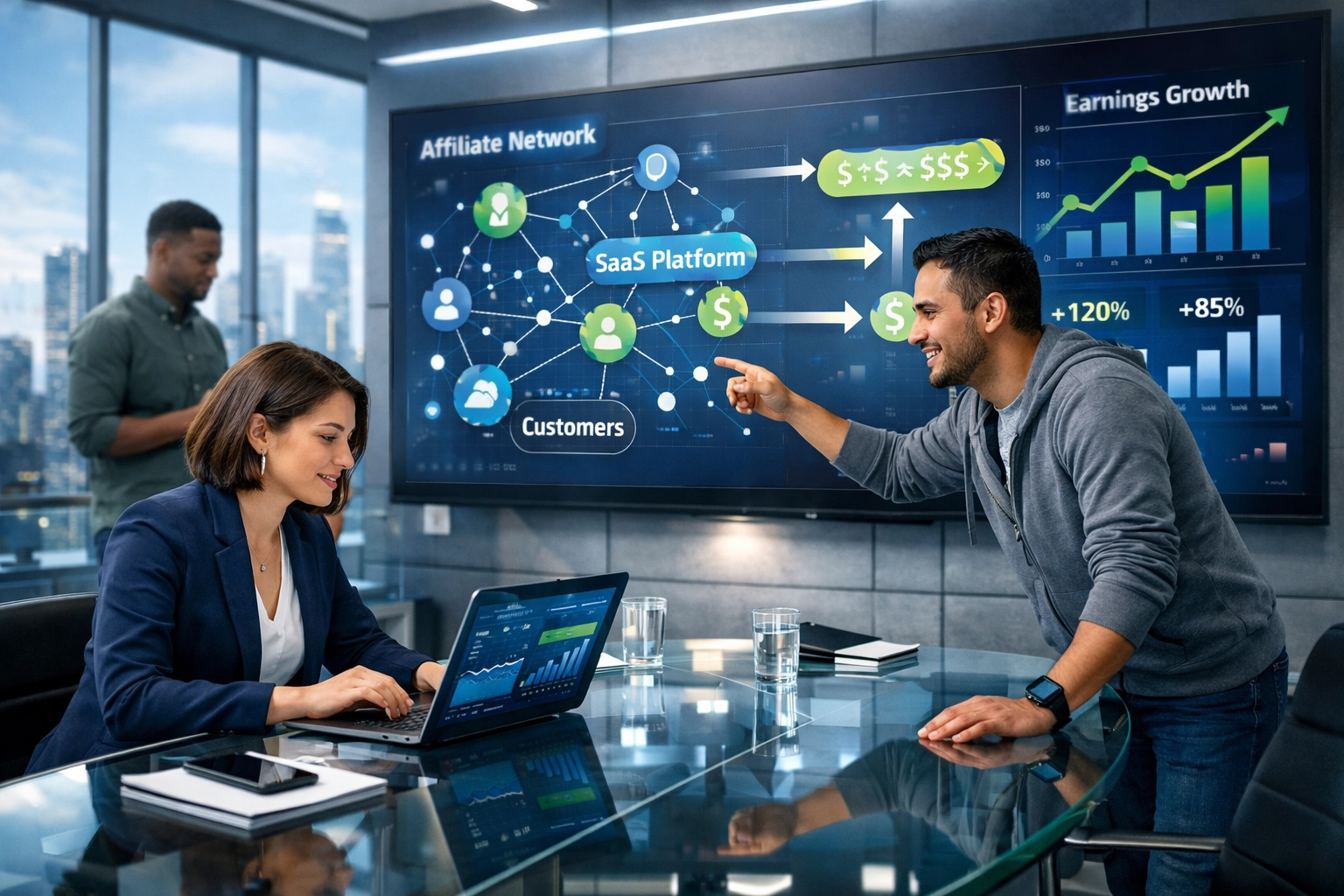 Profesjonalny zespół ds. marketingu afiliacyjnego SaaS współpracujący przy pulpicie analitycznym