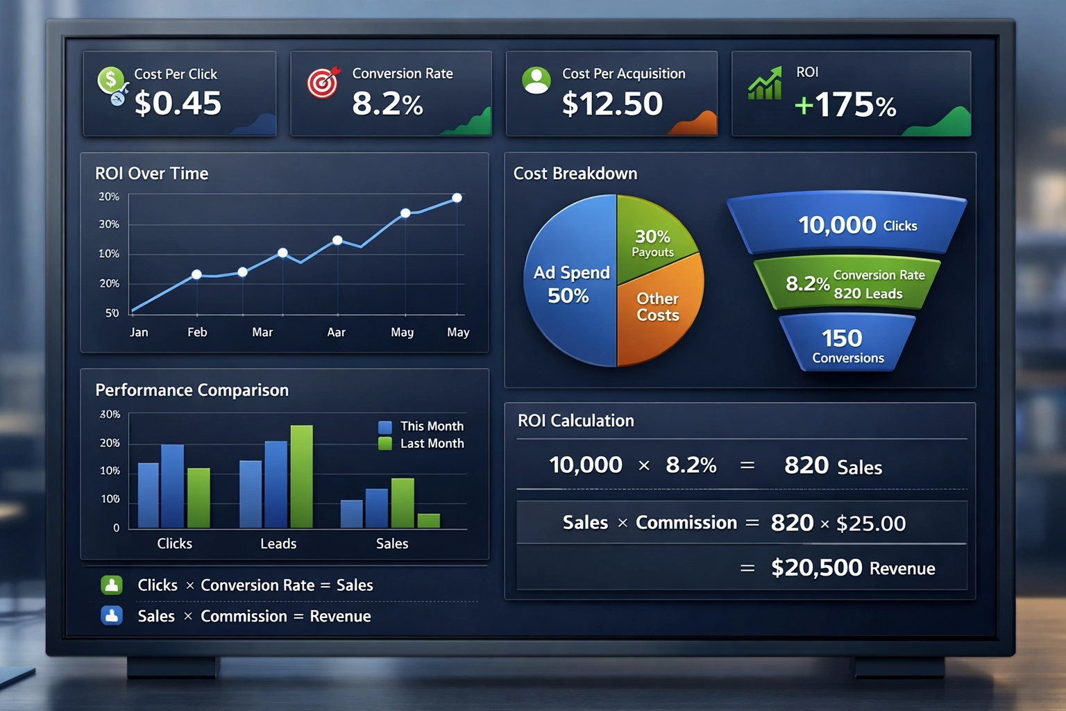 Analytics dashboard showing ROI calculation and affiliate marketing metrics