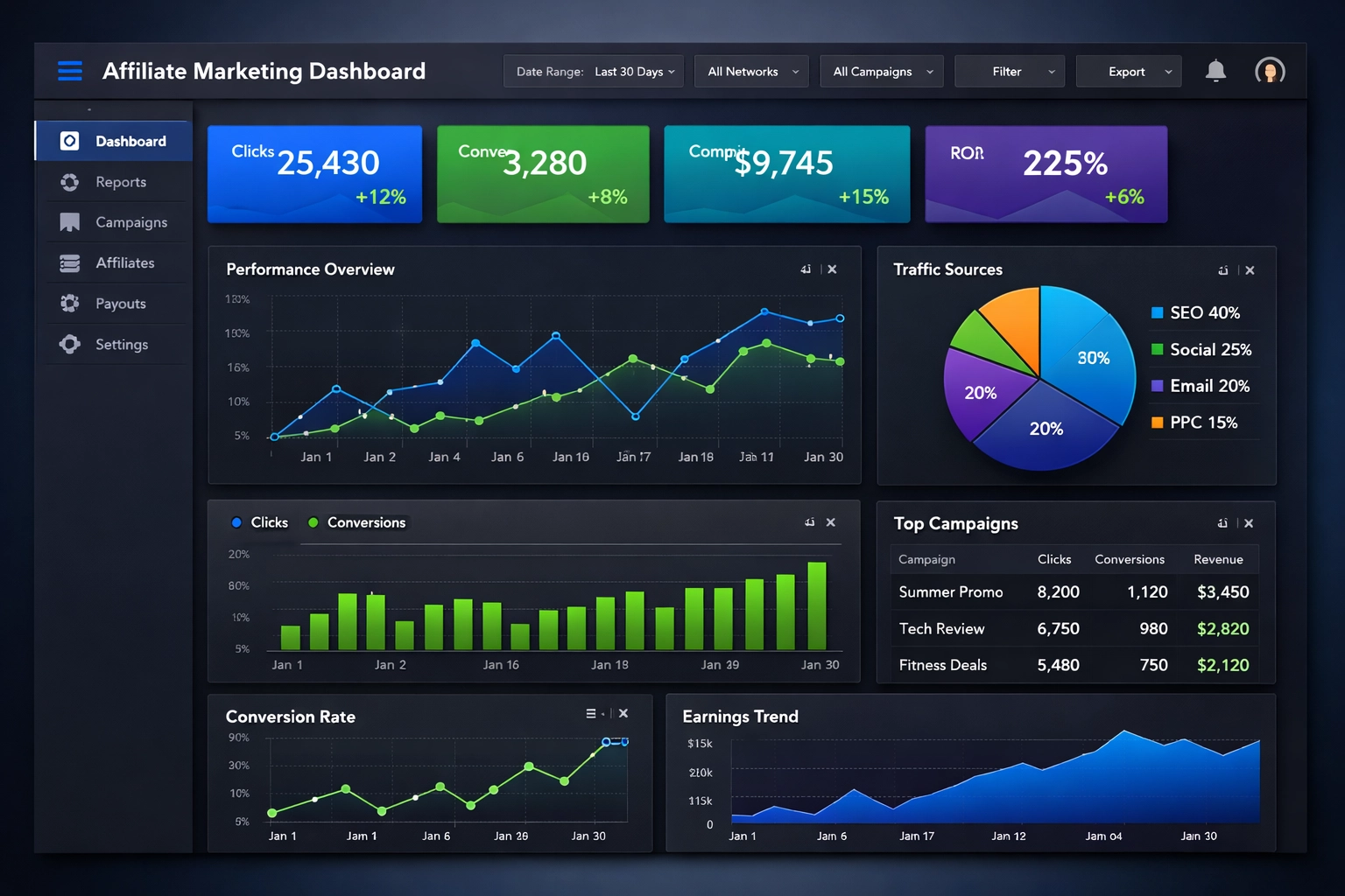 Affiliate marketing dashboard with real-time analytics and performance metrics