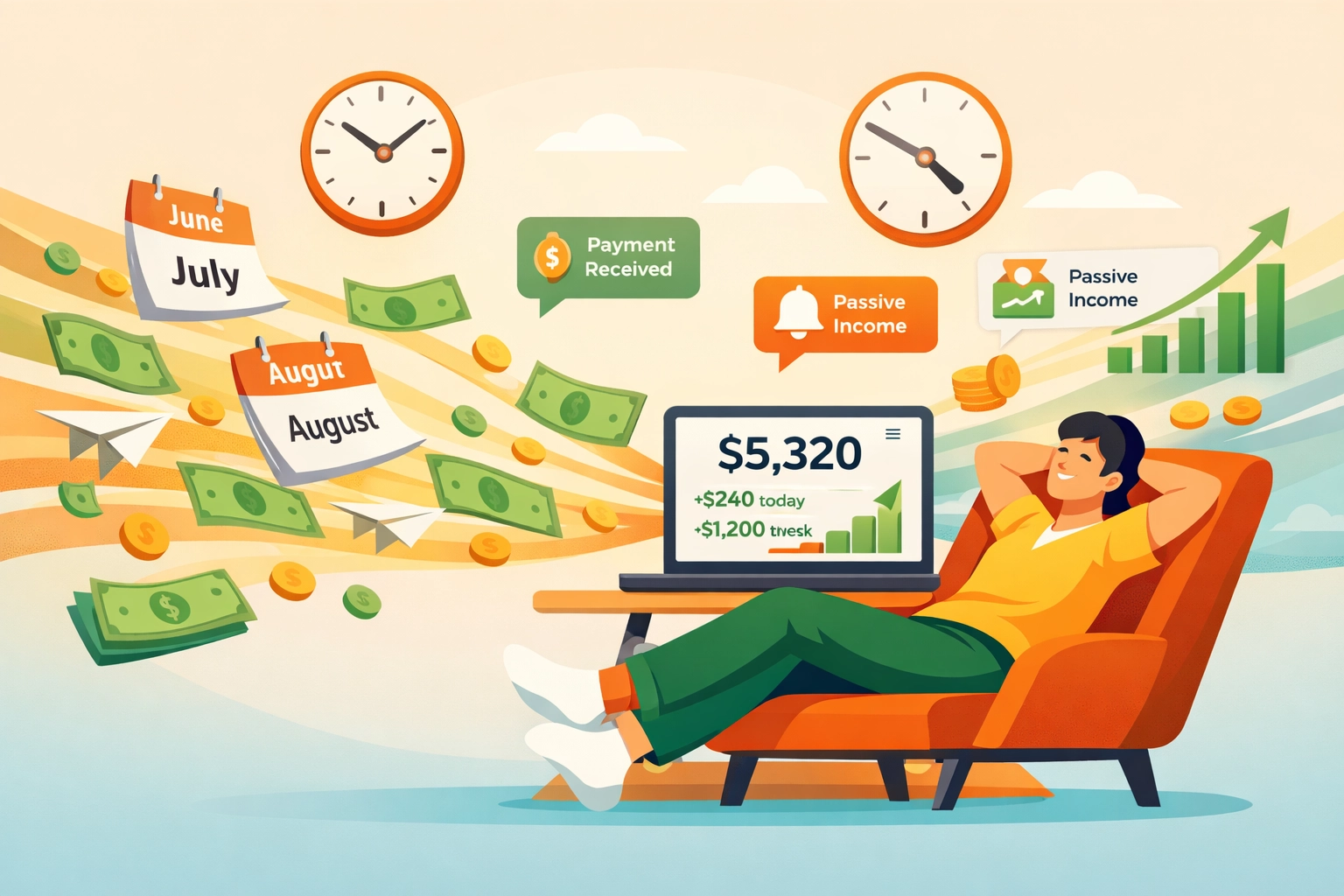 Osoba odpoczywająca, podczas gdy z wielu źródeł spływa pasywny dochód