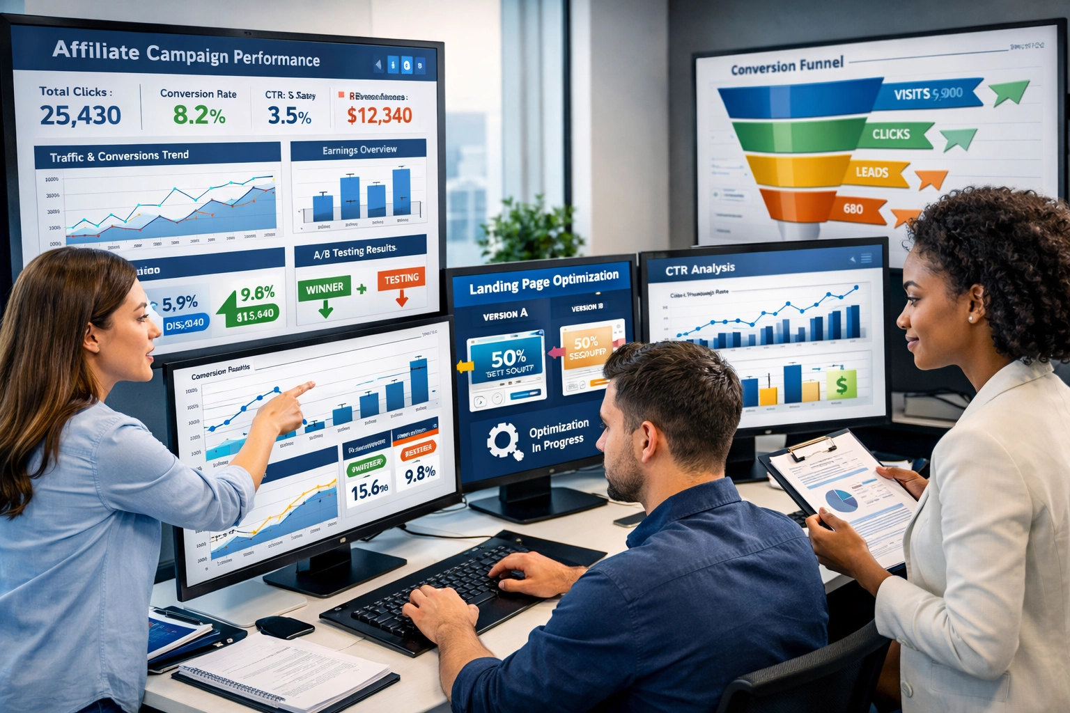 Analytics dashboard showing affiliate campaign performance metrics with team reviewing data