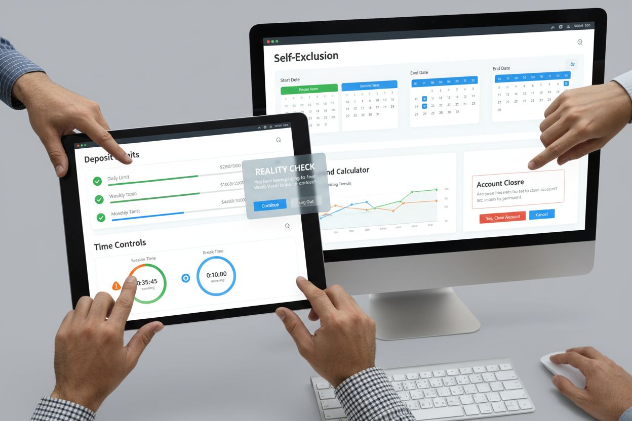 Panel narzędzi ochrony gracza z limitami depozytów, kontrolą czasu i opcjami samowykluczenia